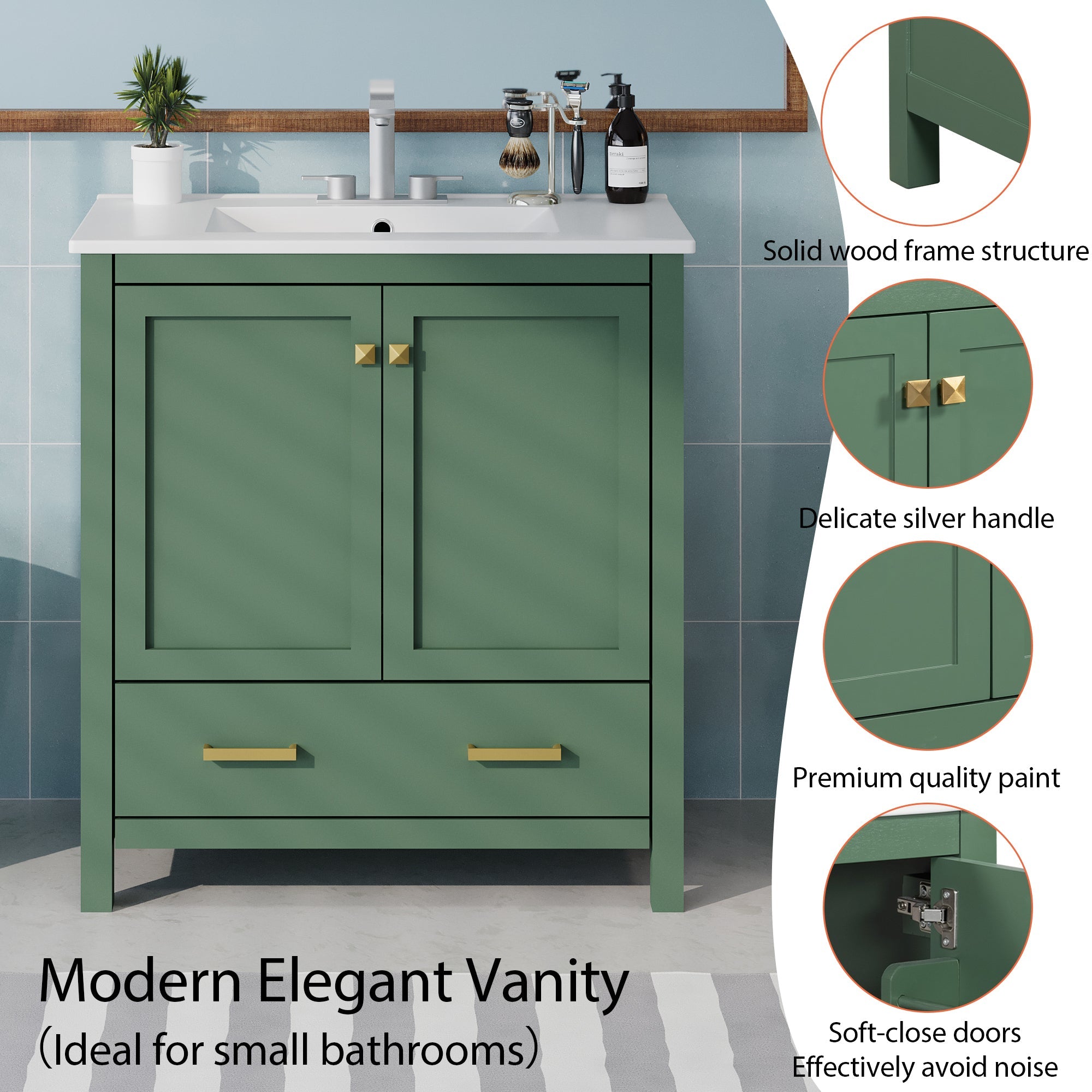 30" Green Bathroom Vanity with Single Sink, Storage Cabinet with 2 Doors and a Drawer, Soft Closure