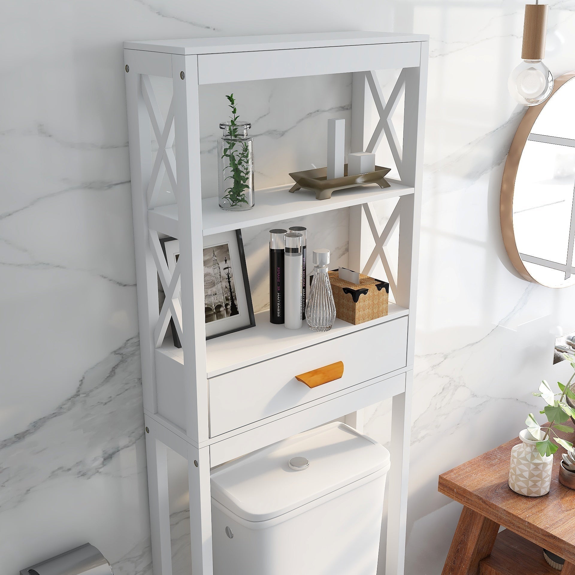 Over-the-Toilet Storage Cabinet White with one Drawer and 2 Shelves Space Saver Bathroom Rack