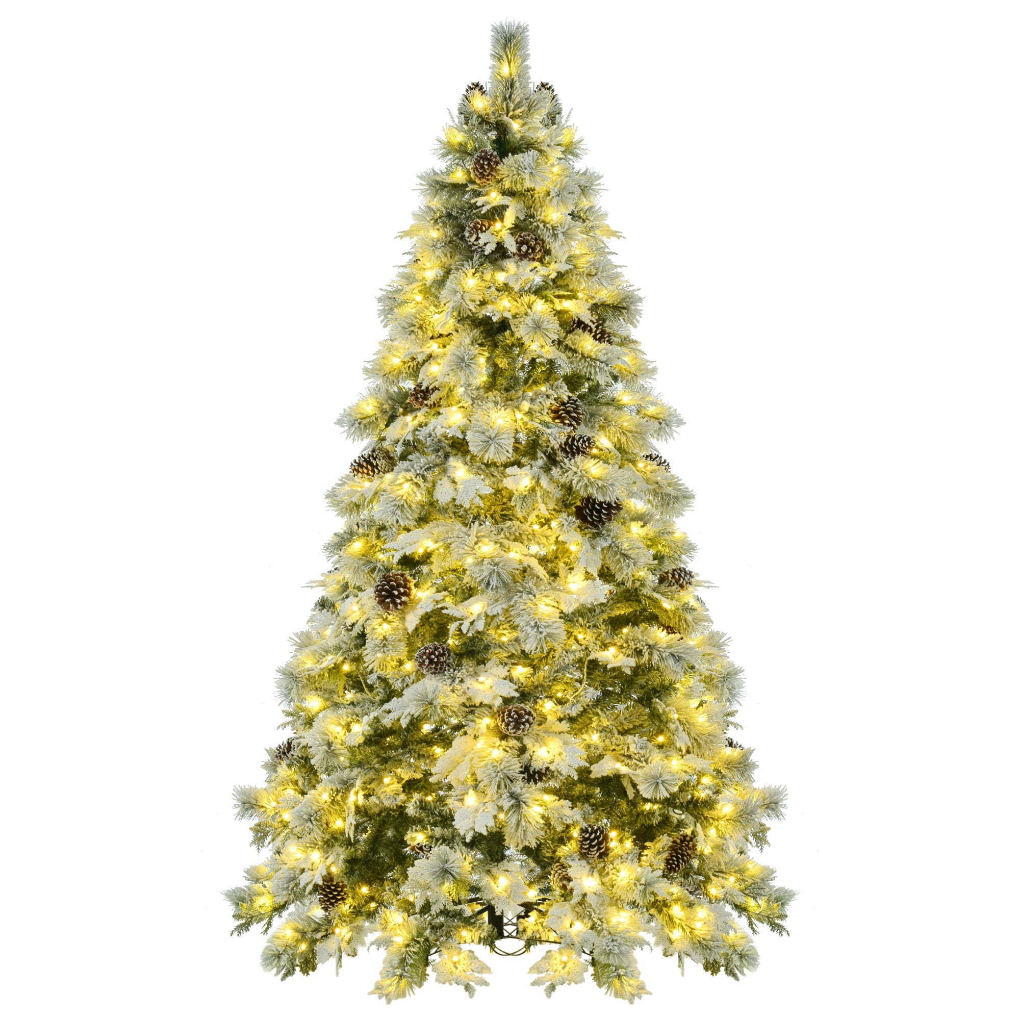 7.5FT Pre-Lit Spruce Snow Flocked Christmas Tree with Pine Cones-Multi-Color LED Lights, 11 Flashing Modes,