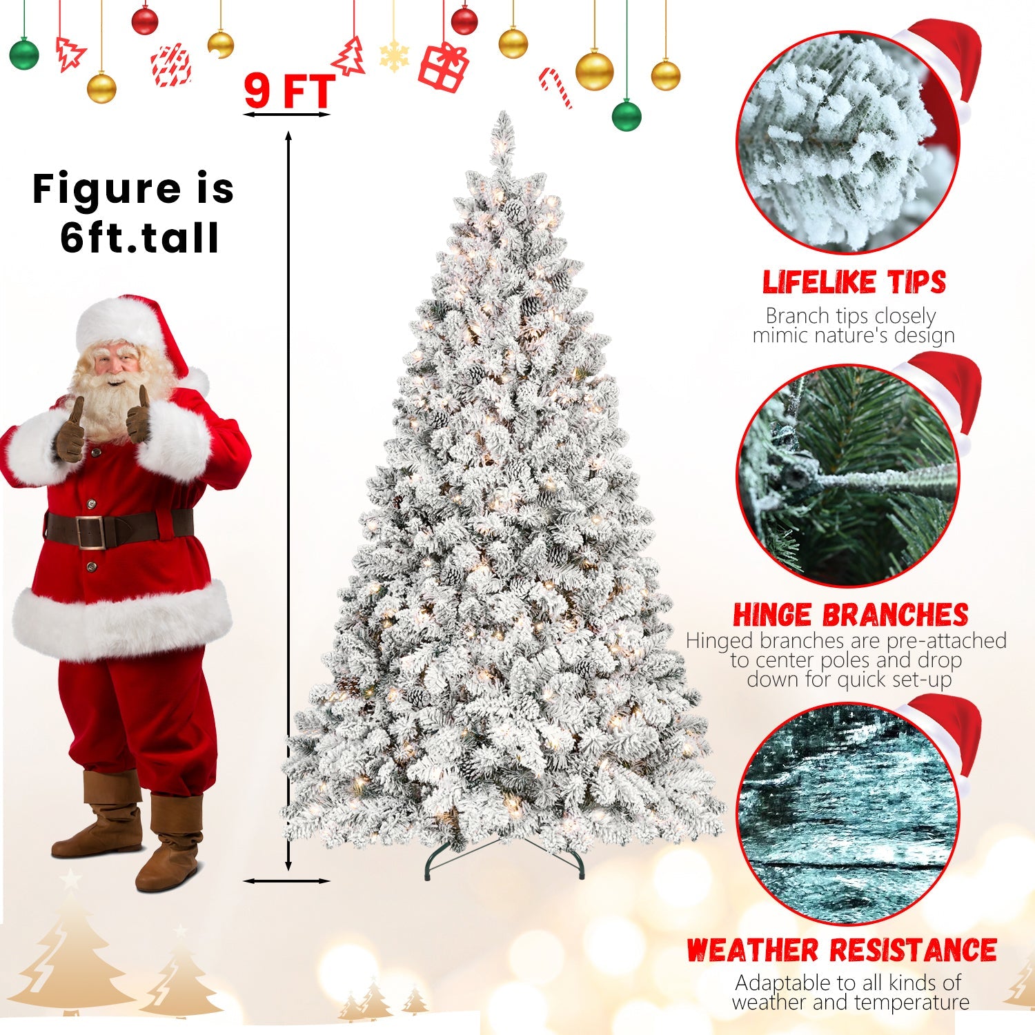 6FT Snow-Flocked Artificial Christmas Tree with Pine Cones, Prelit Xmas Trees, Hinged Easy Assembly & Reinforced Metal Base