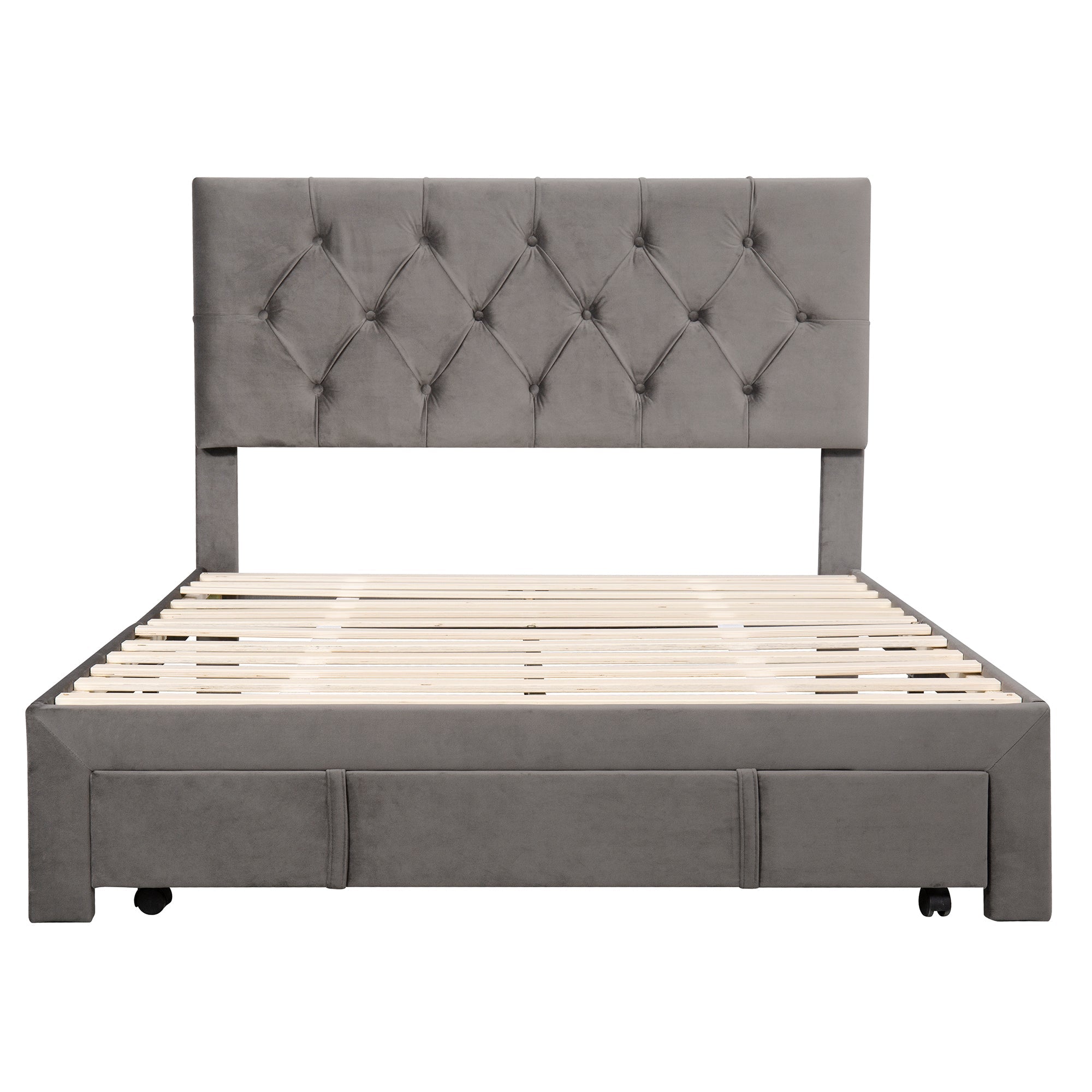 Full Size Storage Bed Velvet Upholstered Platform Bed with a Big Drawer - Grey