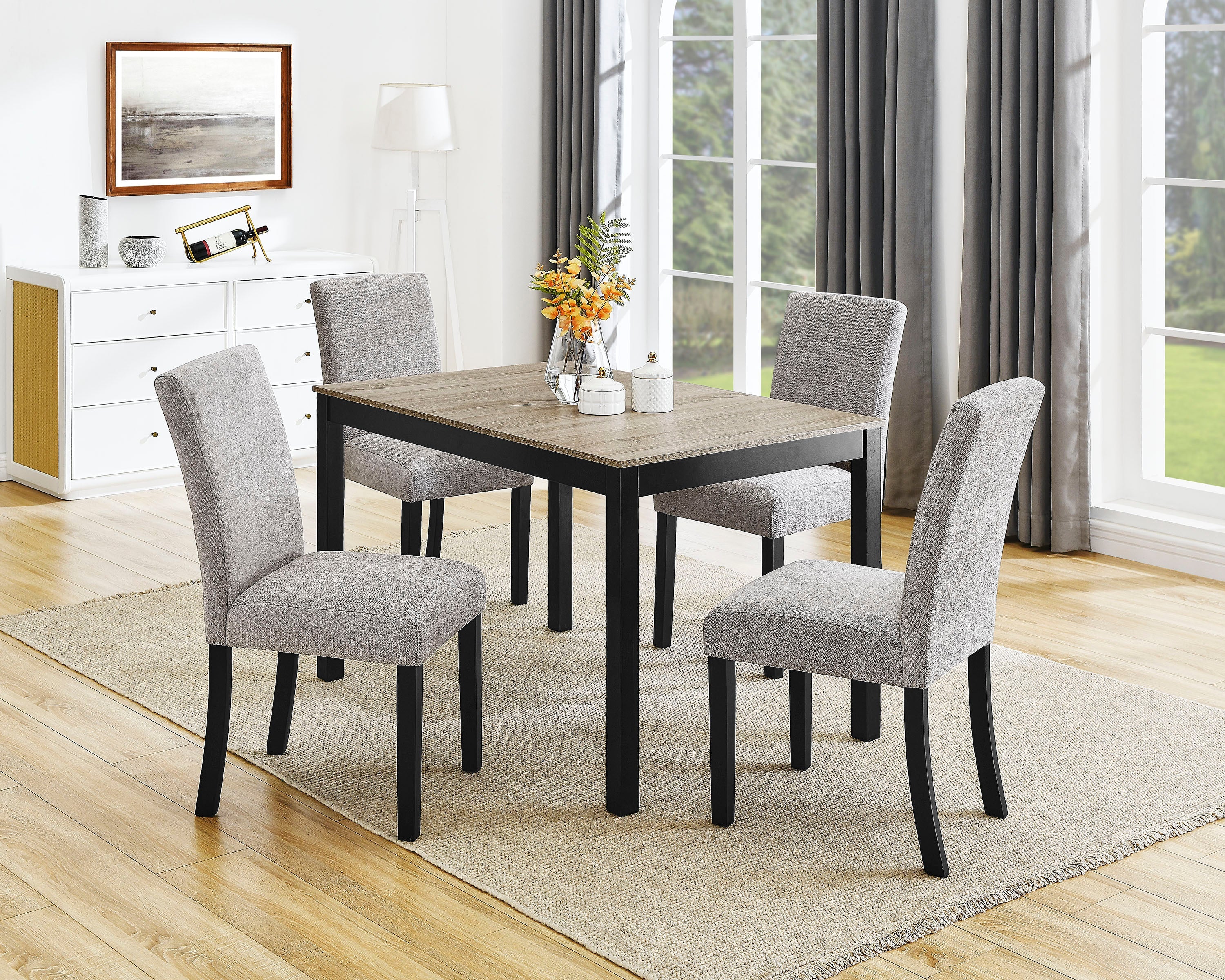 5pc Dining Set Rectangular Table Gray Chairs Two-Tone Finish