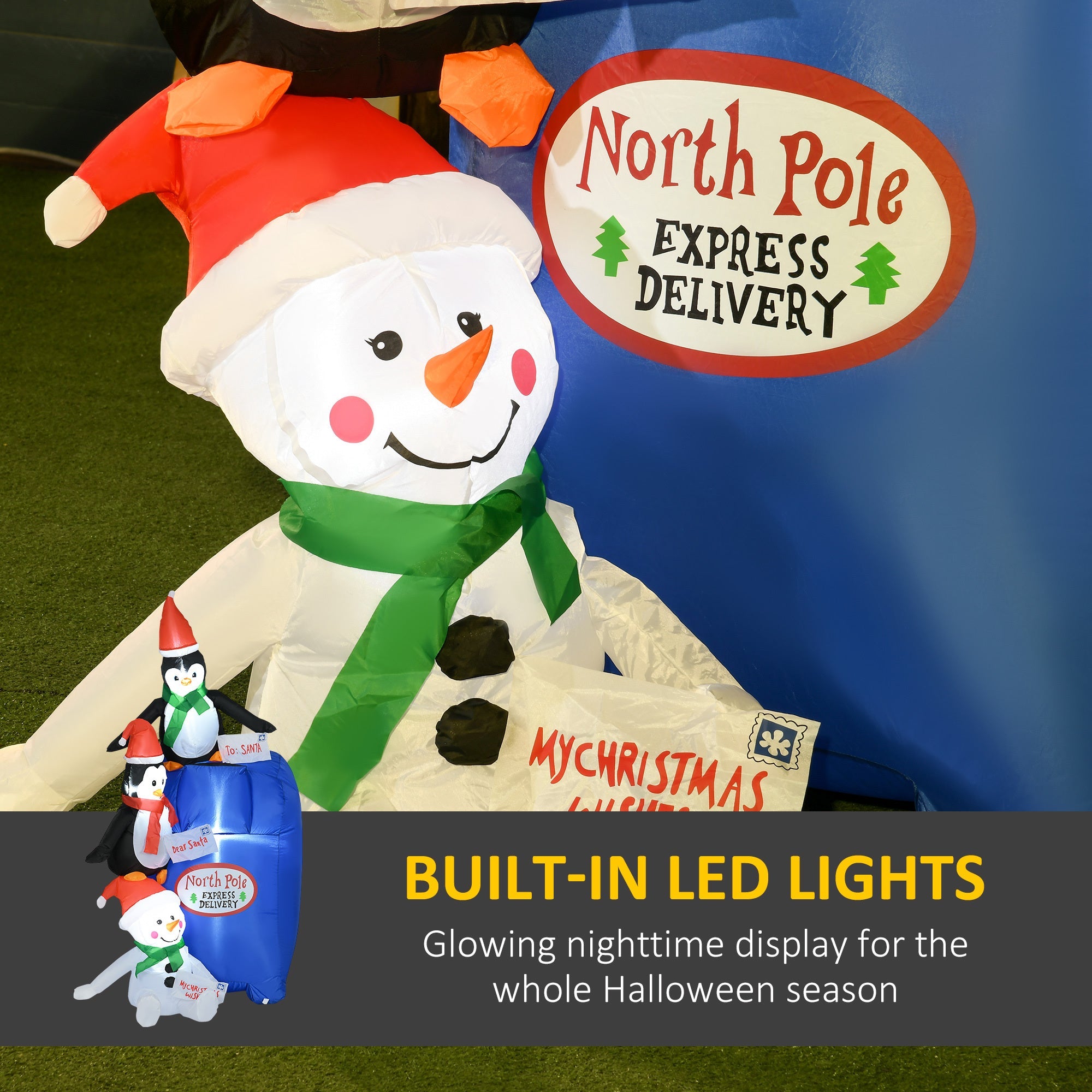 6ft  North Pole Mailbox with Penguins and Snowman, Blow-Up Yard  Decor with LED Lights Display