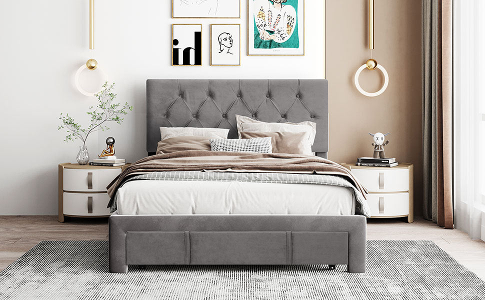 Full Size Storage Bed Velvet Upholstered Platform Bed with a Big Drawer - Grey