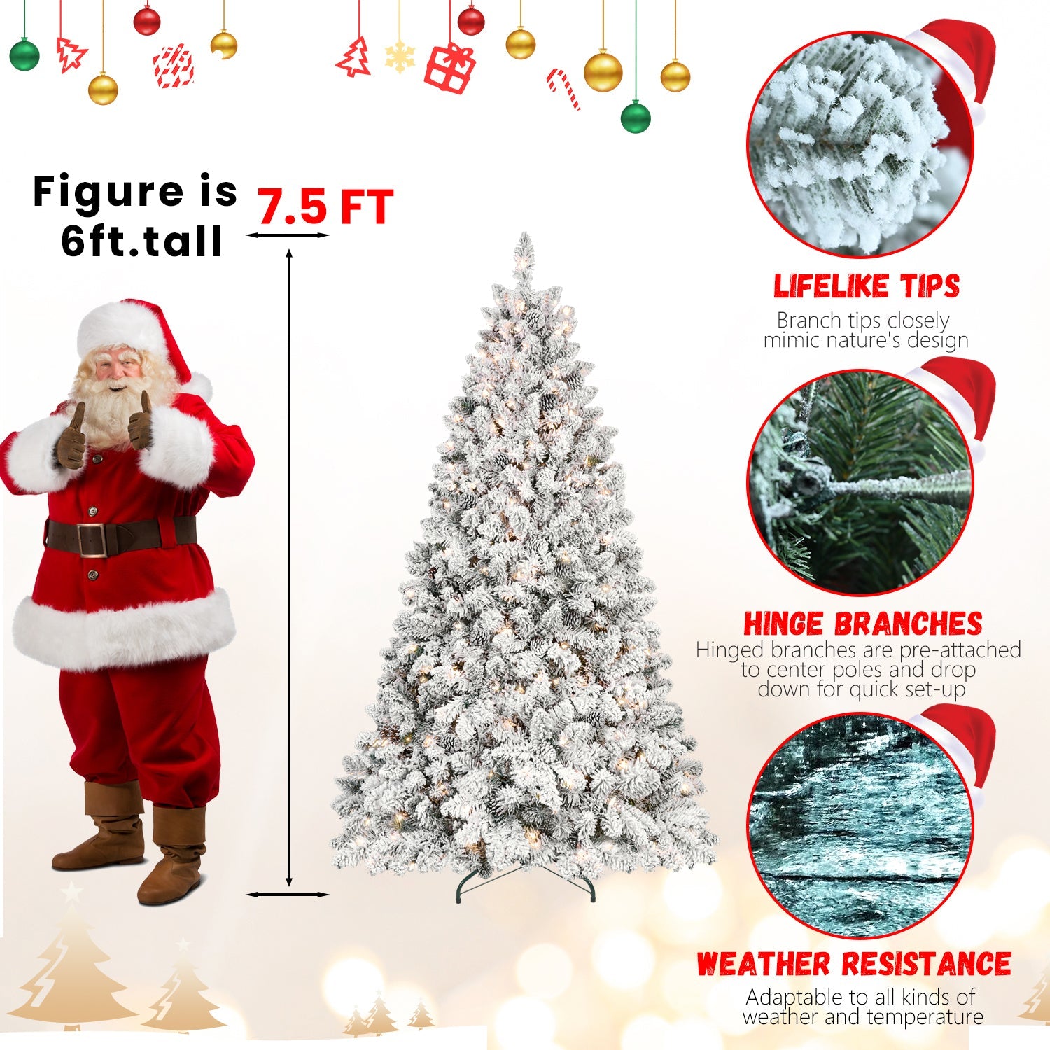 6FT Snow-Flocked Artificial Christmas Tree with Pine Cones, Prelit Xmas Trees, Hinged Easy Assembly & Reinforced Metal Base