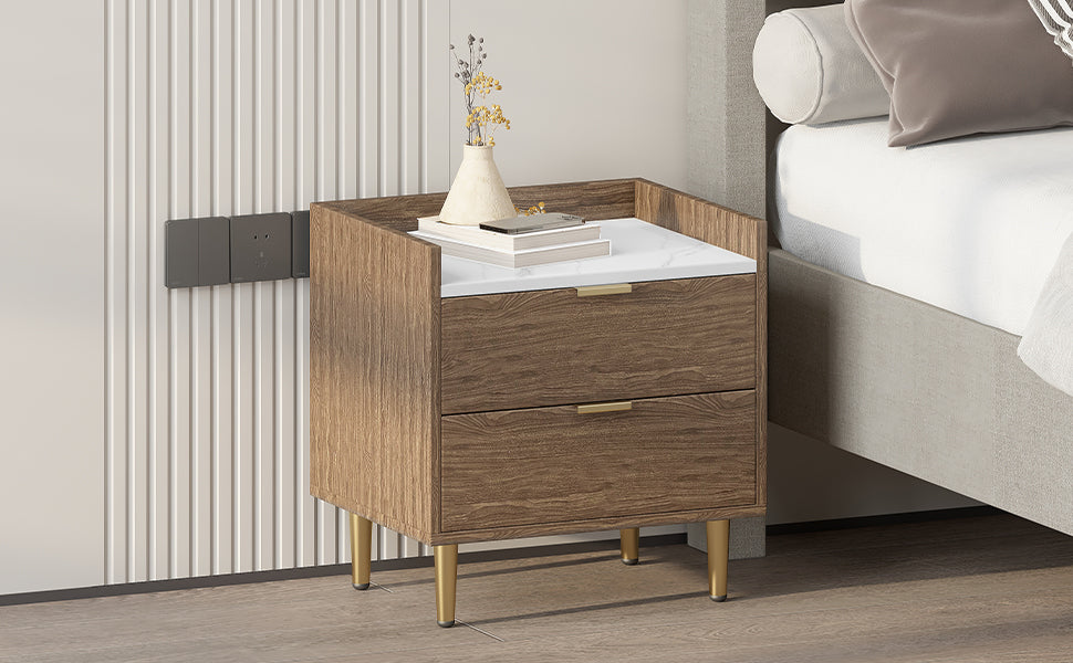 Wooden Nightstand with 2 Drawers and Marbling Worktop