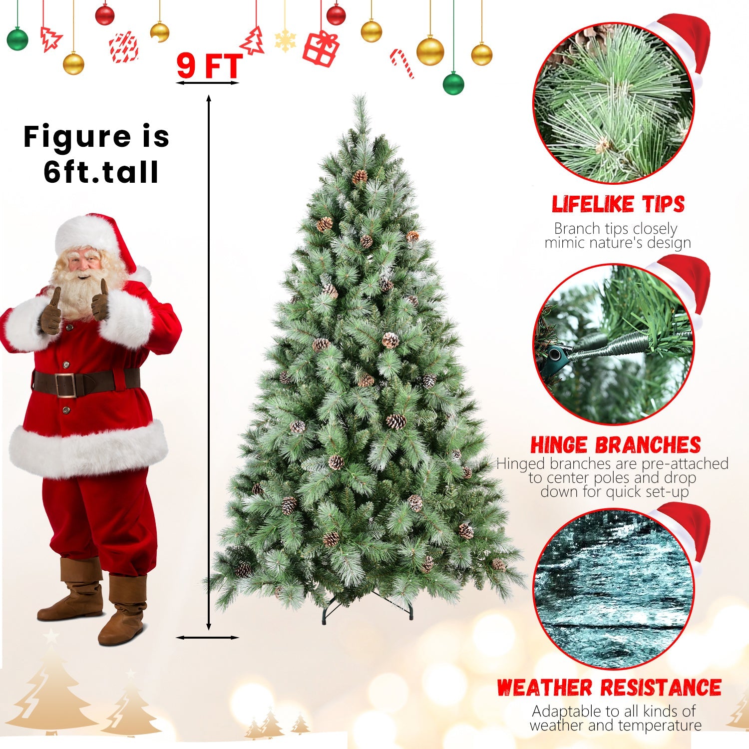 8FT Scotch Pine Christmas Tree, Premium Frosted Pre-Decorated Artificial Holiday Decor w/ 1,858 Branch Tips