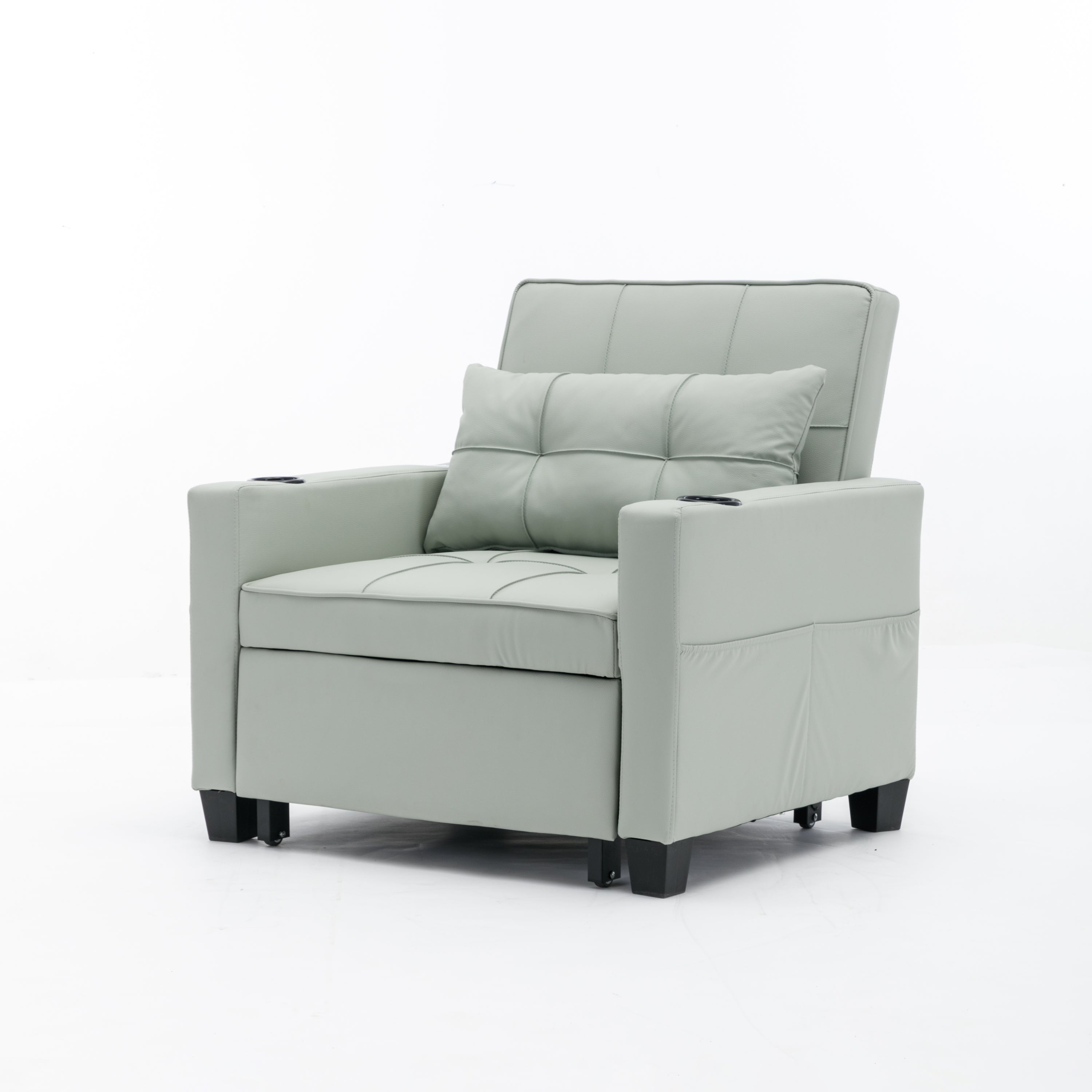 Convertible Chair 3-in-1 Pull Out Sleeper Chair Beds with USB Ports, Wear-resistant and Anti-scratch, (Green Leather)