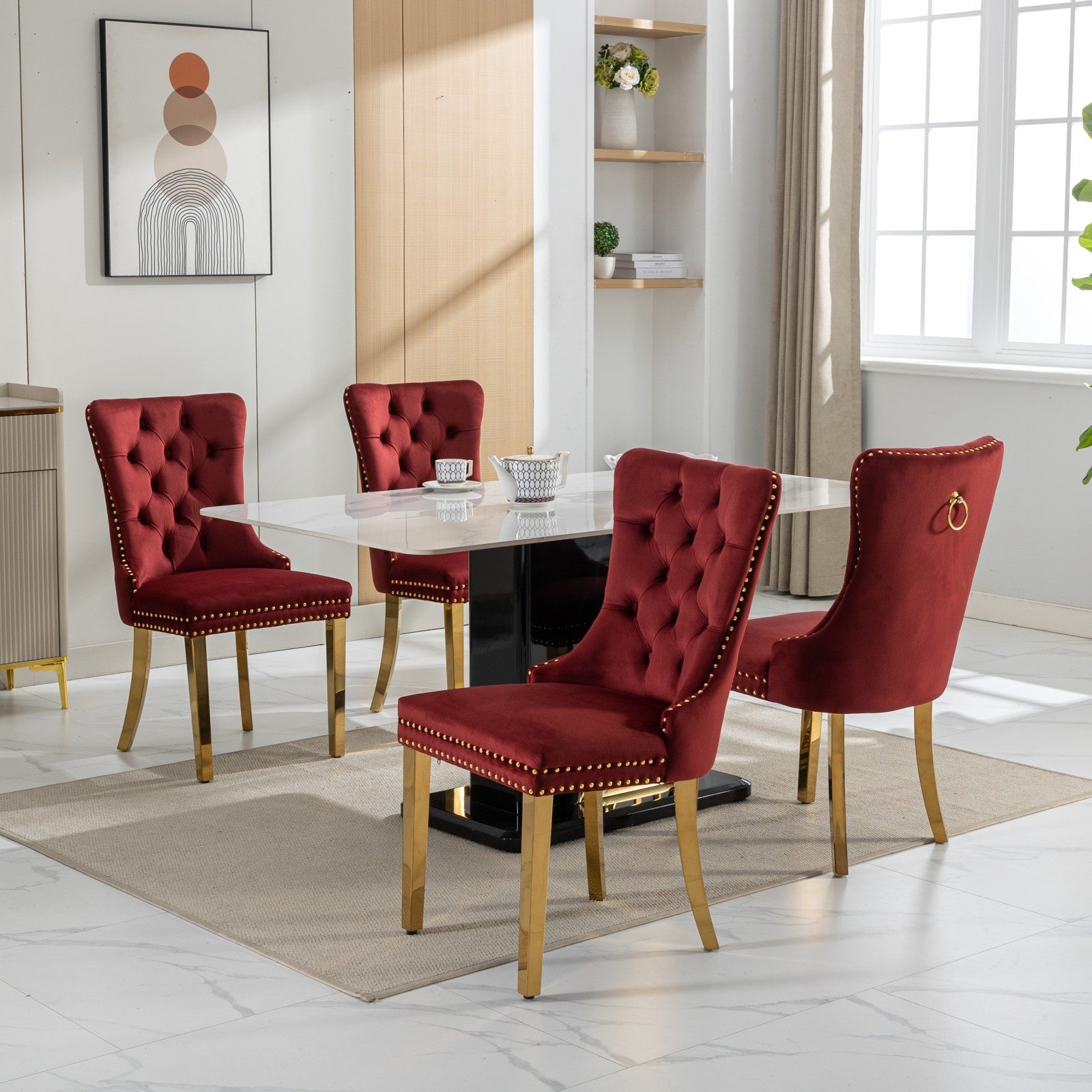 Nikki Collection Modern, High-end Tufted Solid Wood Contemporary Velvet ,Set of 2, Wine Red and Gold