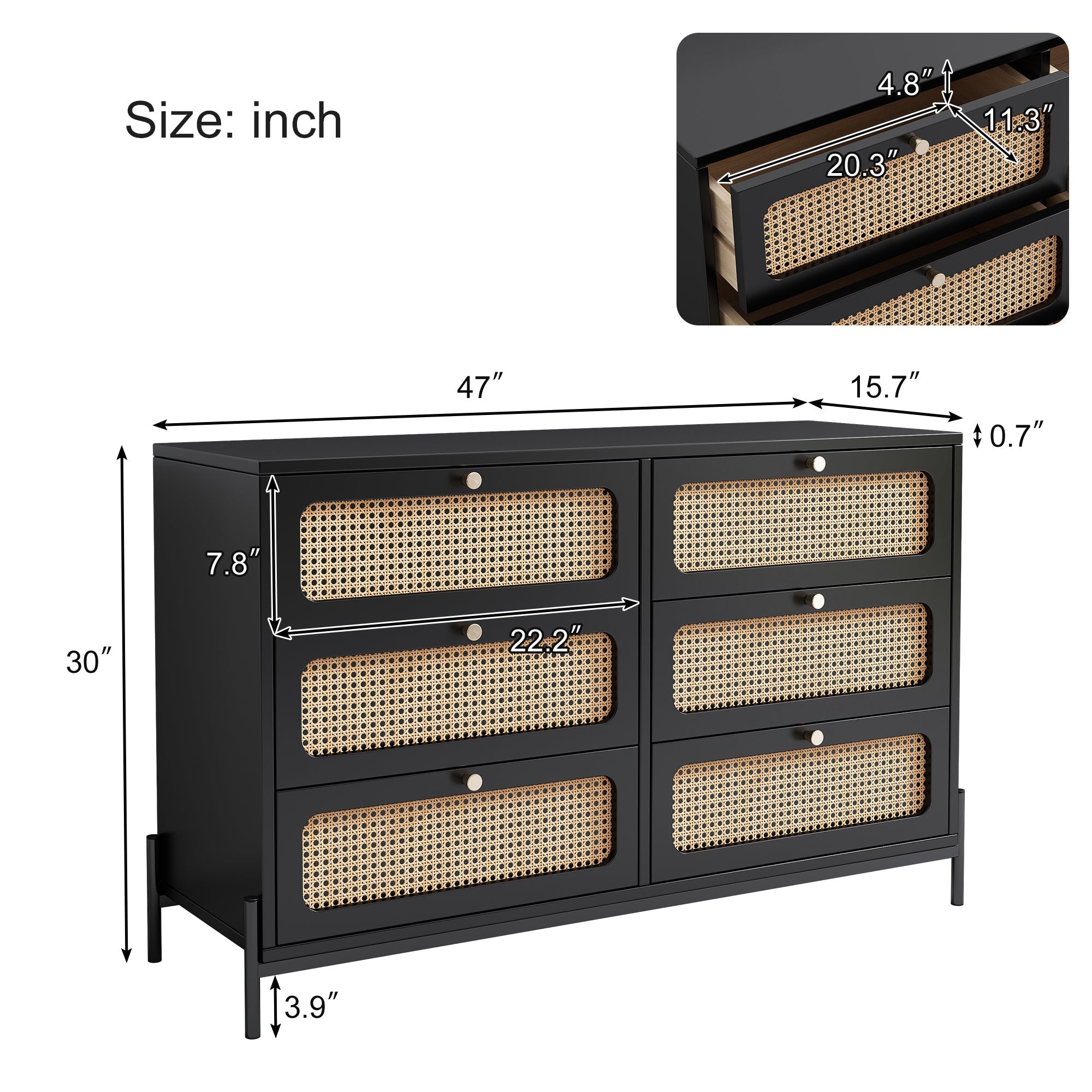 Modern Cannage Rattan Wood Closet 6-Drawer Dresser Wood Storage Cabinet Sideboard for Bedroom