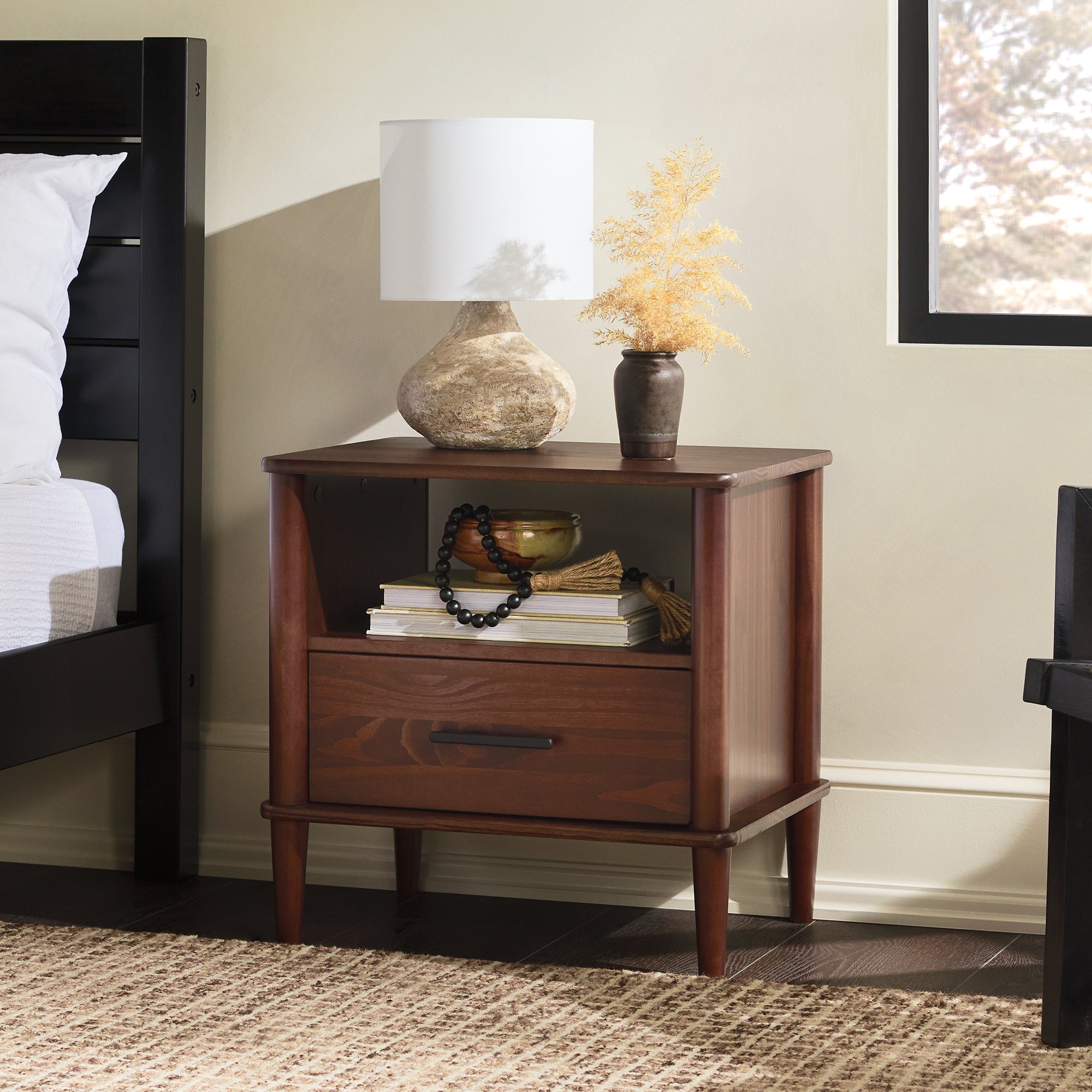 Transitional Solid Wood Spindle Nightstand – Walnut