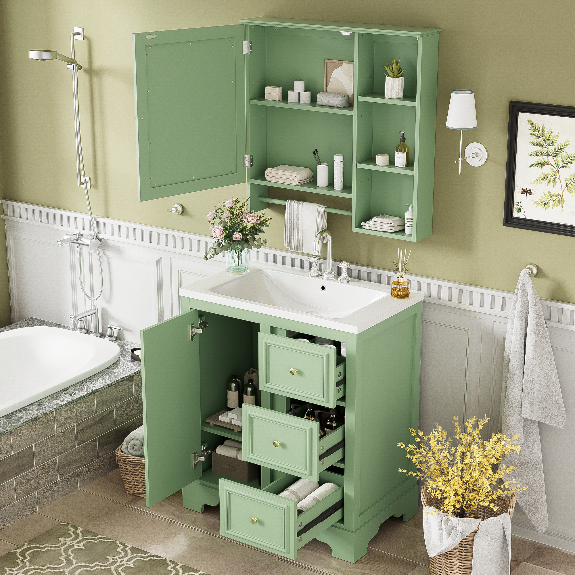 30-inch bathroom vanity with sink, 3 drawers and adjustable shelves, freestanding with mirror cabinet, single sink