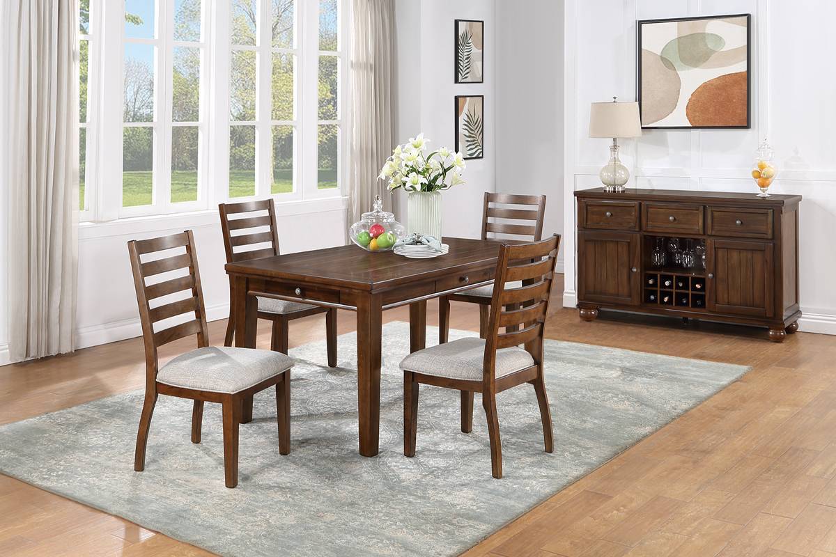 5pc Dining Set- Table with 4 Drawers, 4x Side Chairs Ladder Back Walnut Finish