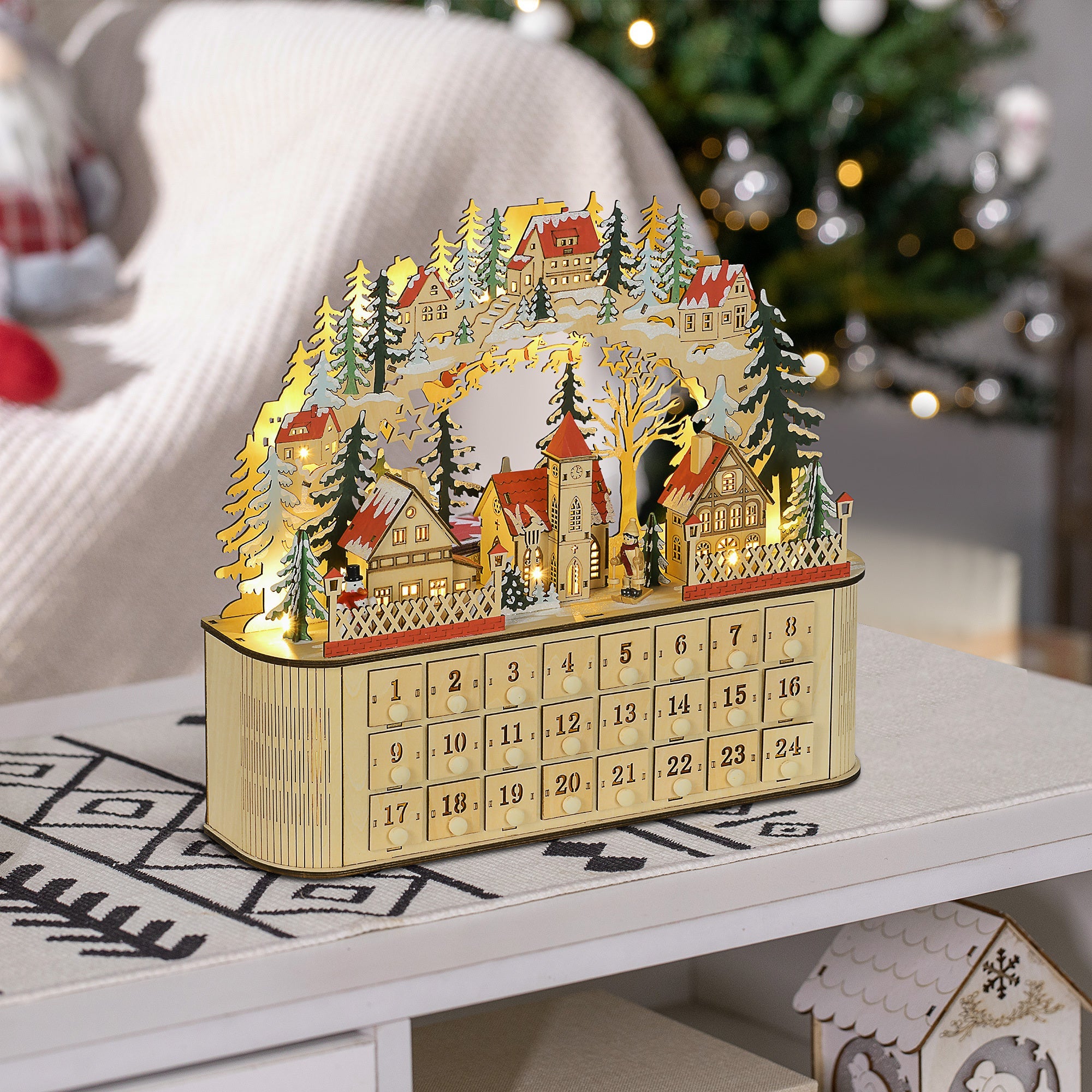 Arched Wooden Christmas Advent Calendar, Light Up Table