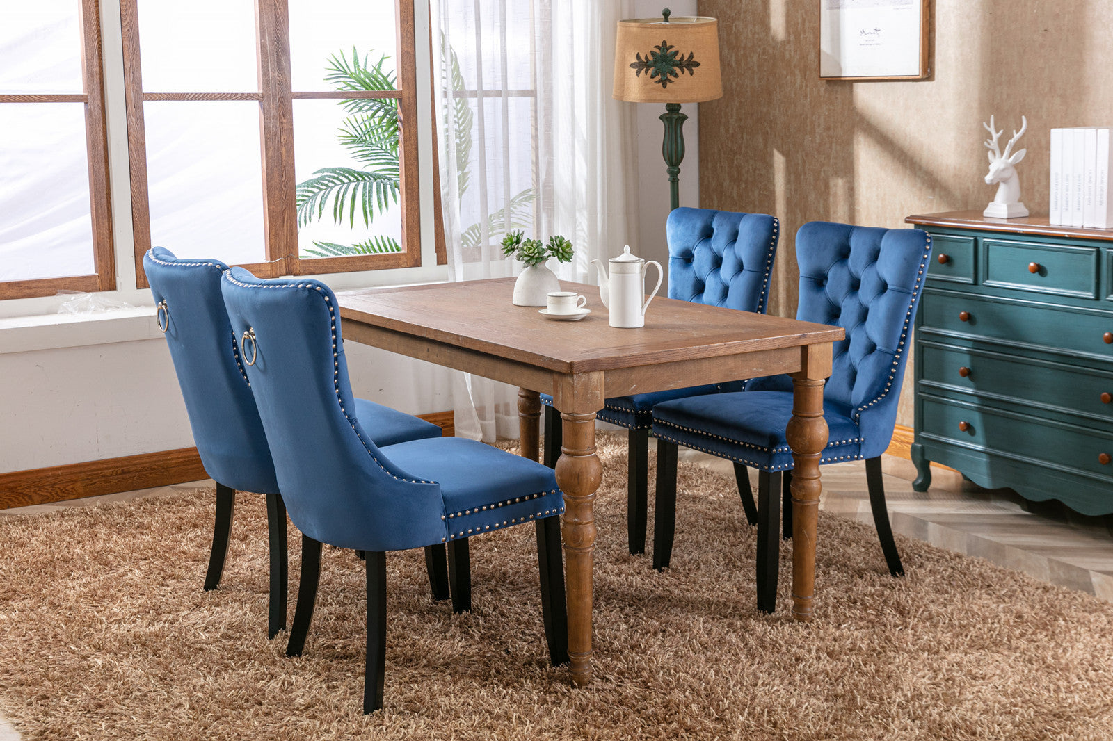 Tufted Solid Wood Velvet Upholstered Dining Chair with Wood Legs Nailhead Trim Set of 2, Blue L