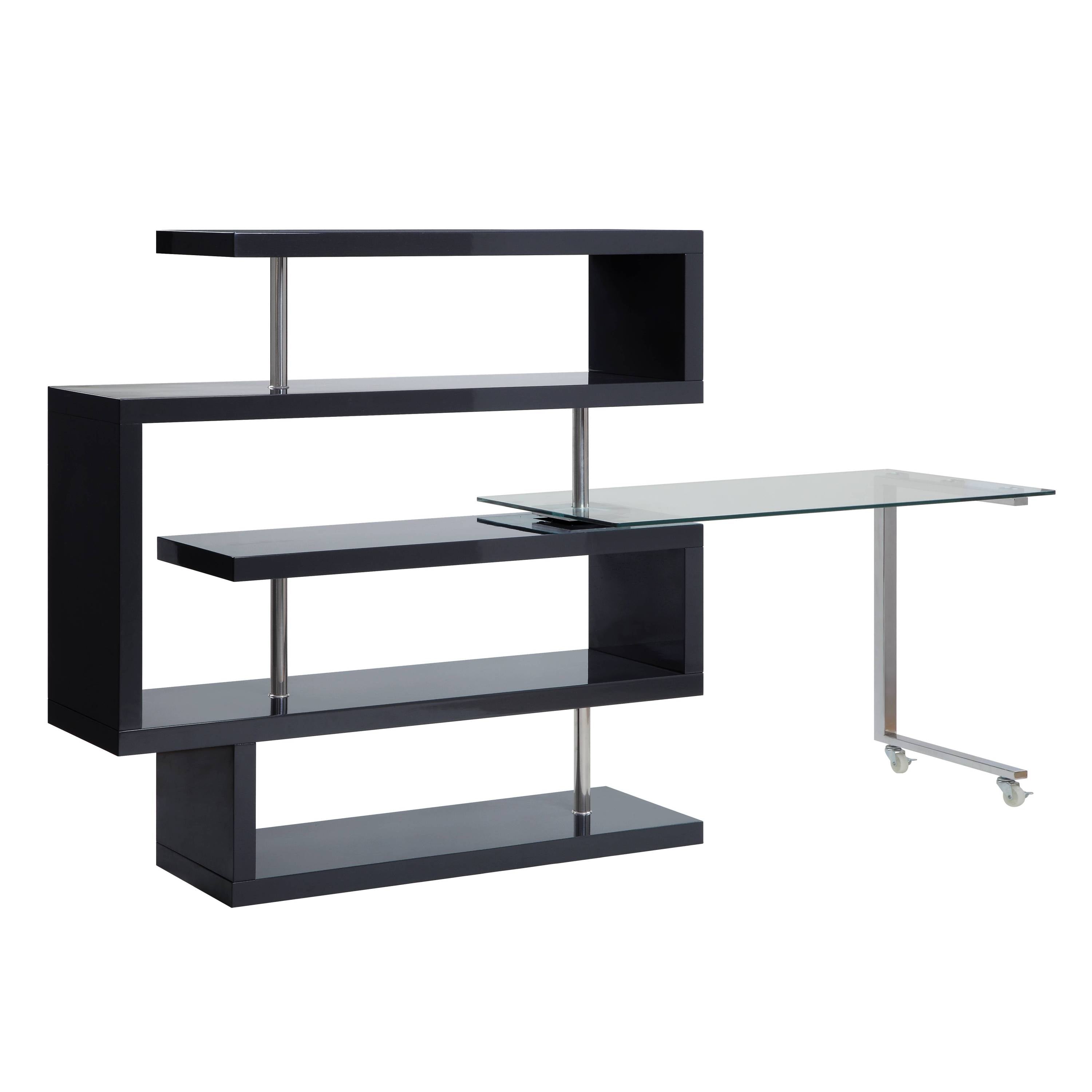 Buck II Clear Glass, Chrome High Gloss Finish Writing Desk with Shelf- Black