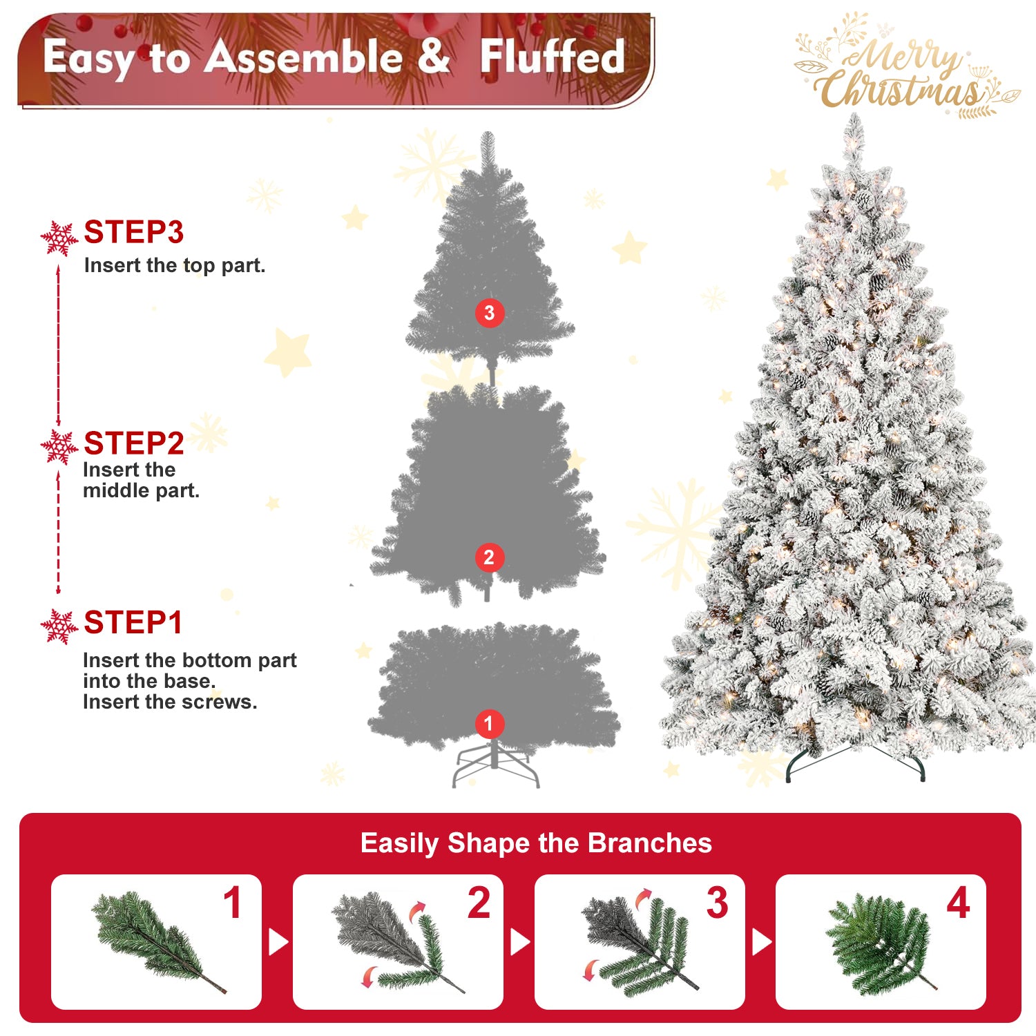 7.5ft Snow-Flocked Artificial Christmas Tree with Pine Cones, Prelit Xmas Trees, Hinged Easy Assembly & Reinforced Metal Base