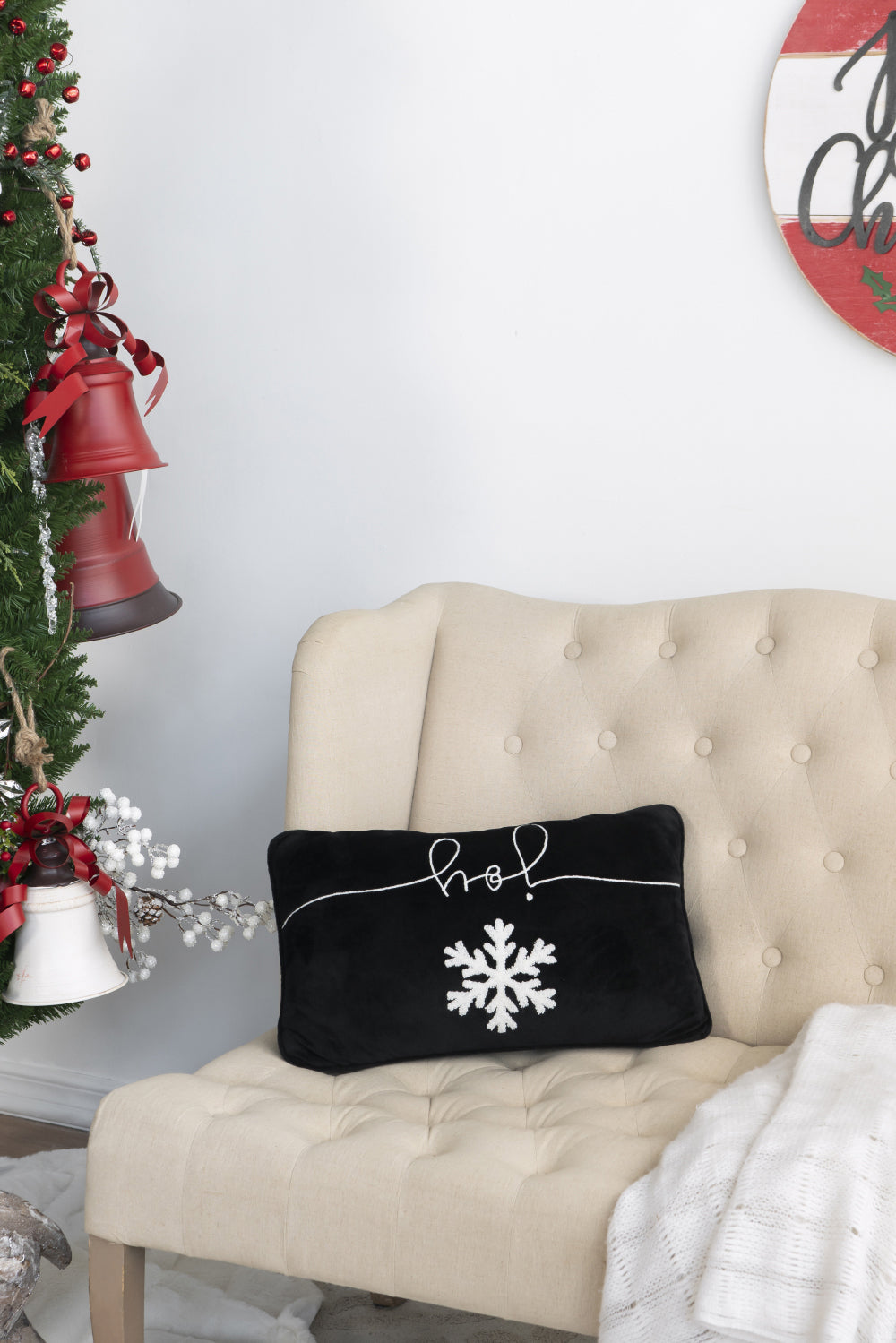 Black Velvet Pillow With Embroidered Joy And Frosty Snowflake  Set of 2, 18x12"