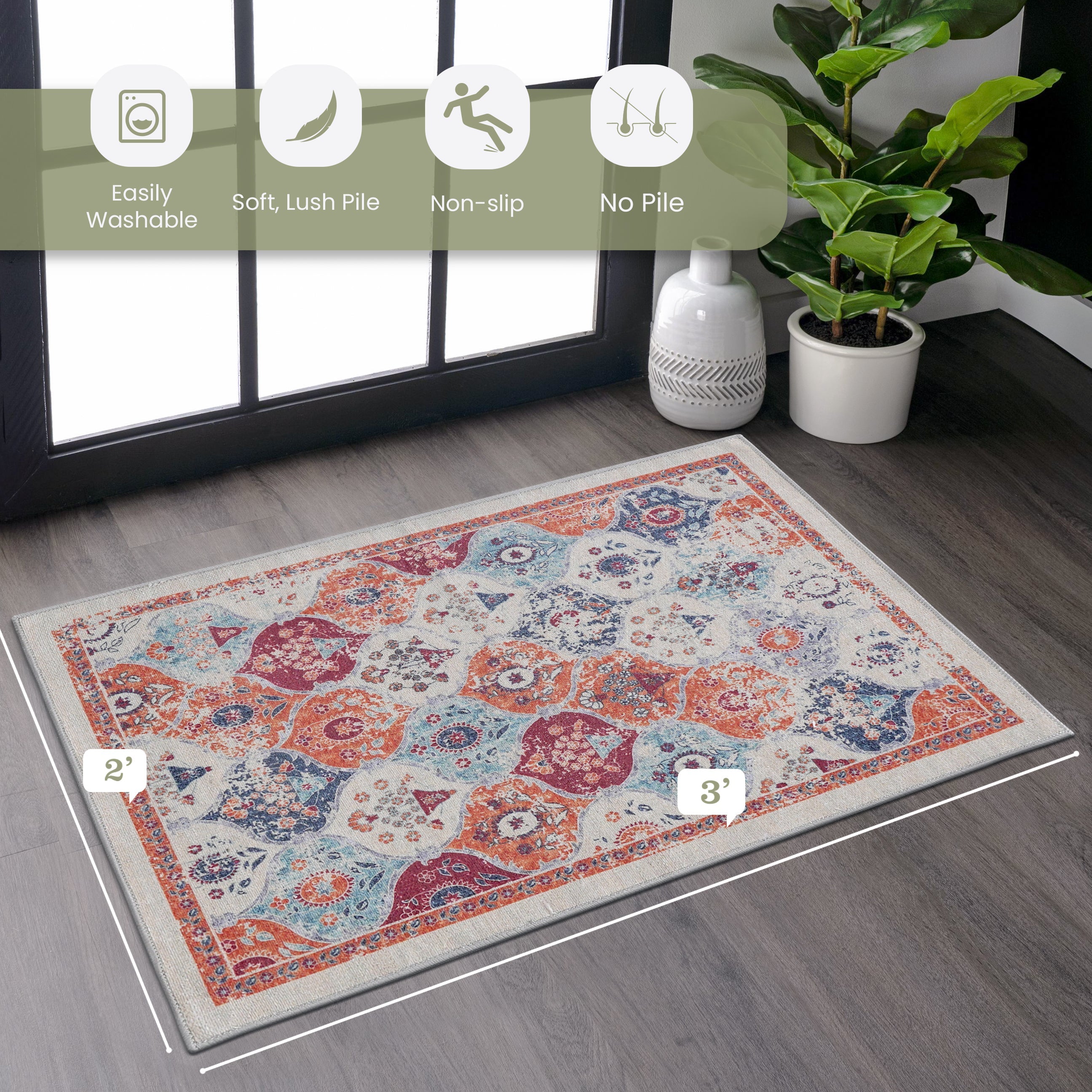 Naar 2x3 Cream Area Rug, Washable Area Rugs, Low-Pile, Non-Slip, Non-Shedding, Foldable, Kid&Pet Friendly