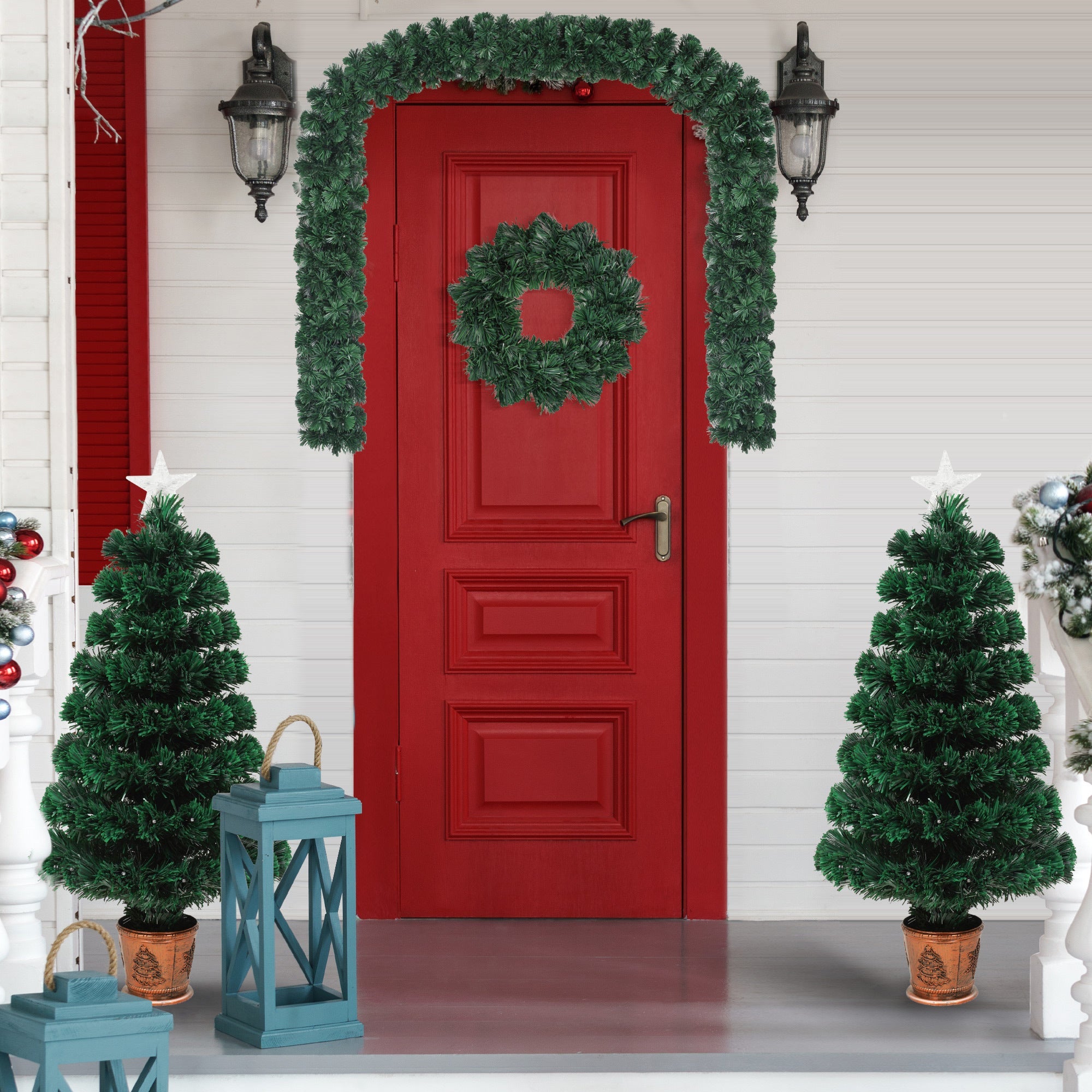 Pre-lit Christmas Tree 4-Piece Set, Christmas Garland, Wreath and set of 2 Entrance Trees