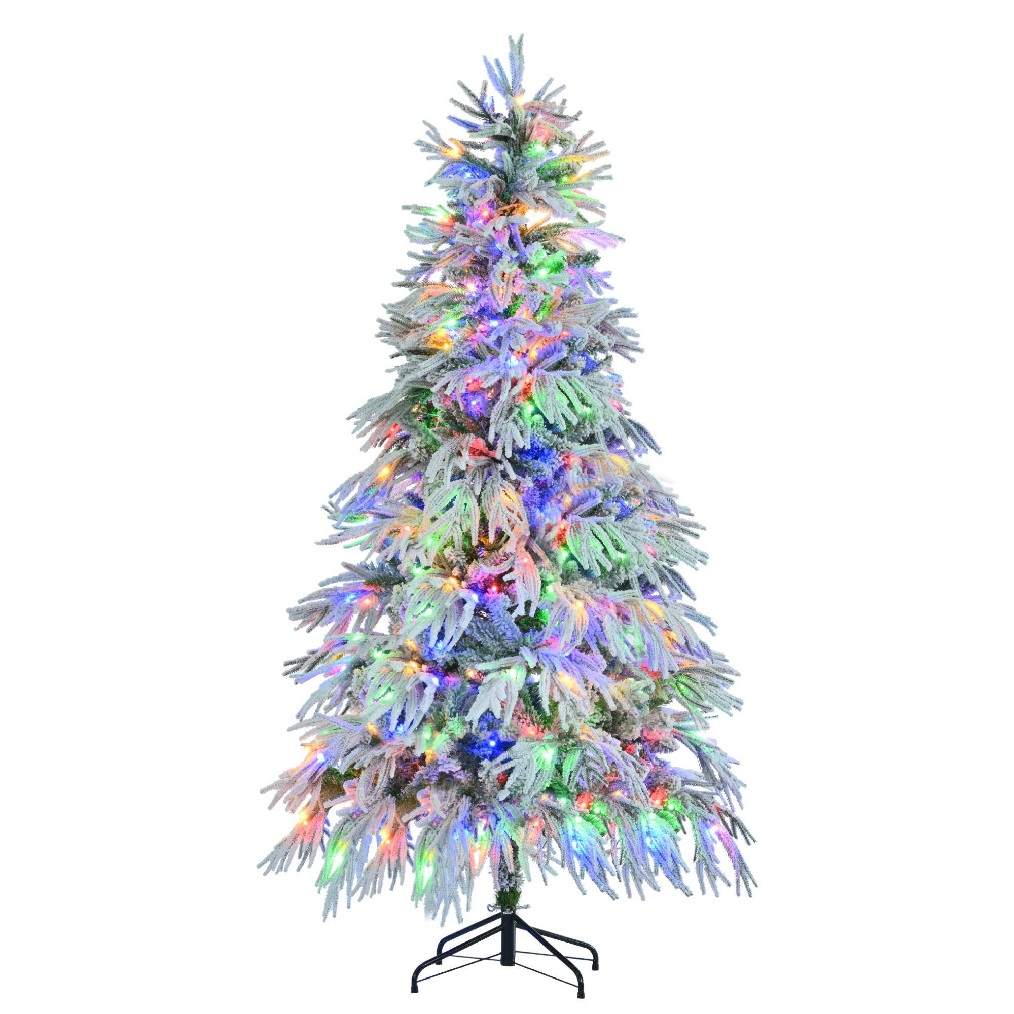 6FT Pre-Lit Spruce Snow Flocked Christmas Tree, Artificial Hinged Xmas Tree with 300 Multi-Color LED Lights