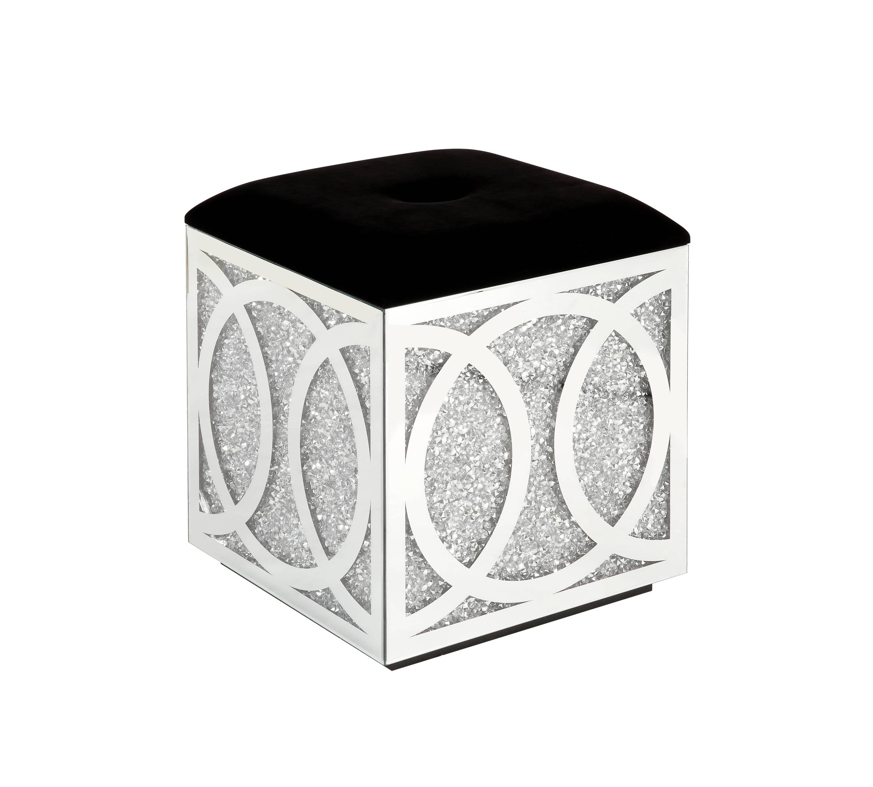 Noralie Medium sized Mirrored and Faux Diamonds Ottoman with Storage