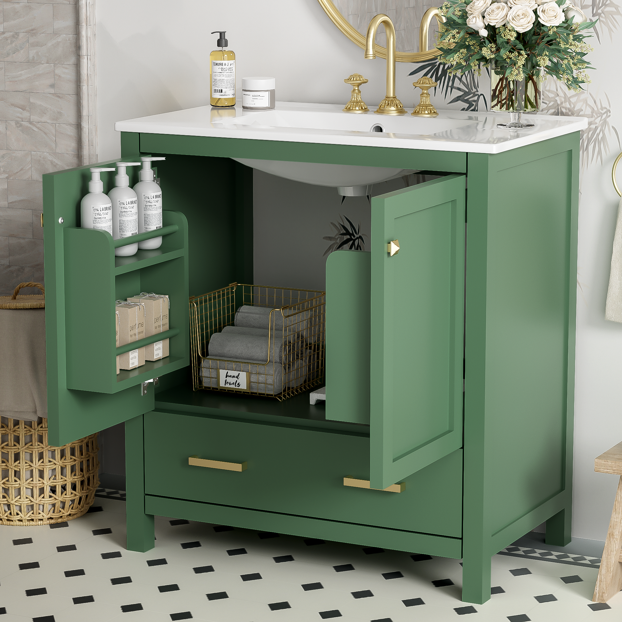 30" Green Bathroom Vanity with Single Sink, Storage Cabinet with 2 Doors and a Drawer, Soft Closure