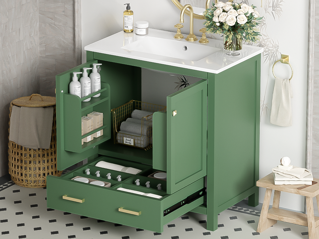 30" Green Bathroom Vanity with Single Sink, Storage Cabinet with 2 Doors and a Drawer, Soft Closure