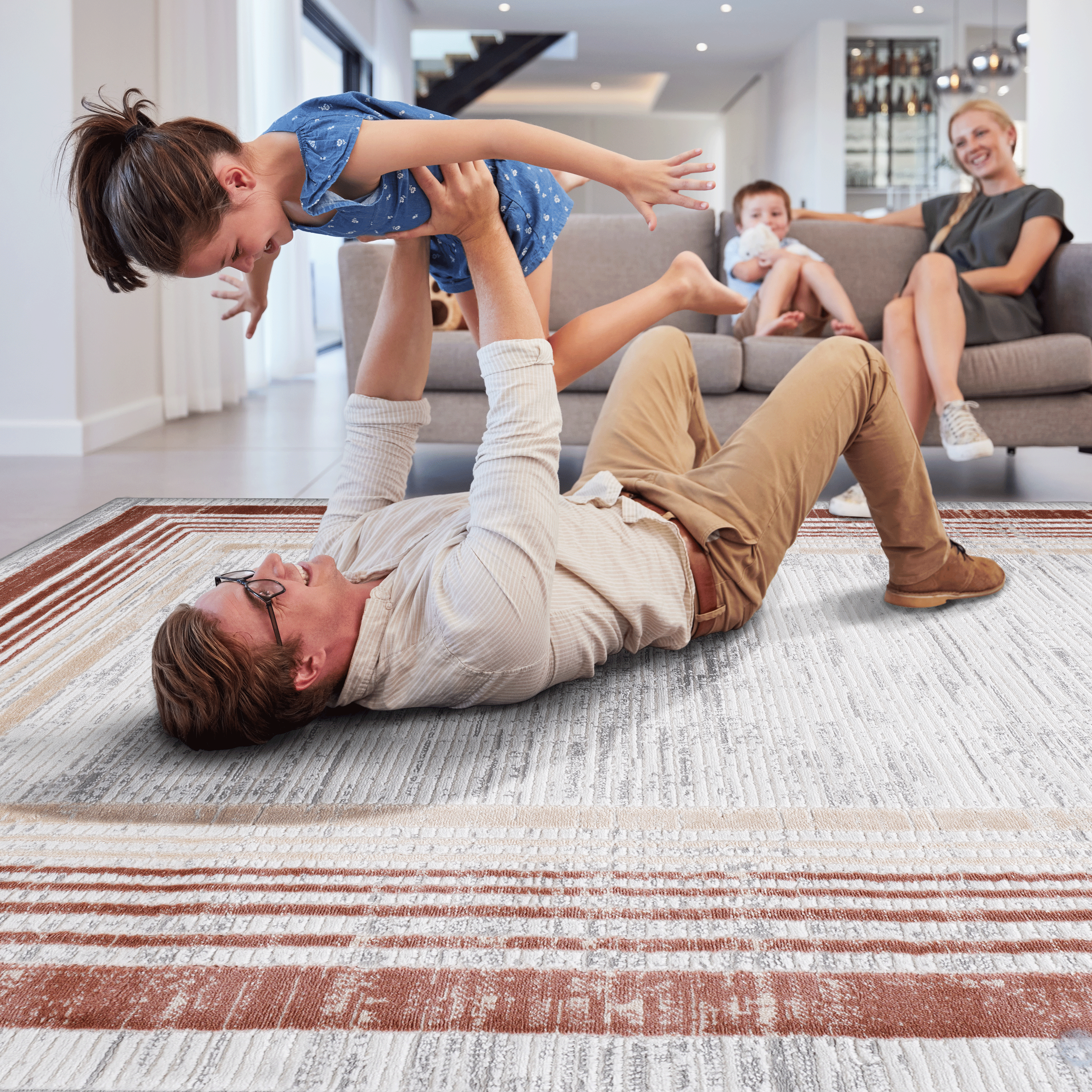 5X7 Brown/Ivory/Bordered Non-Shedding and Stain Resistant Area Rug