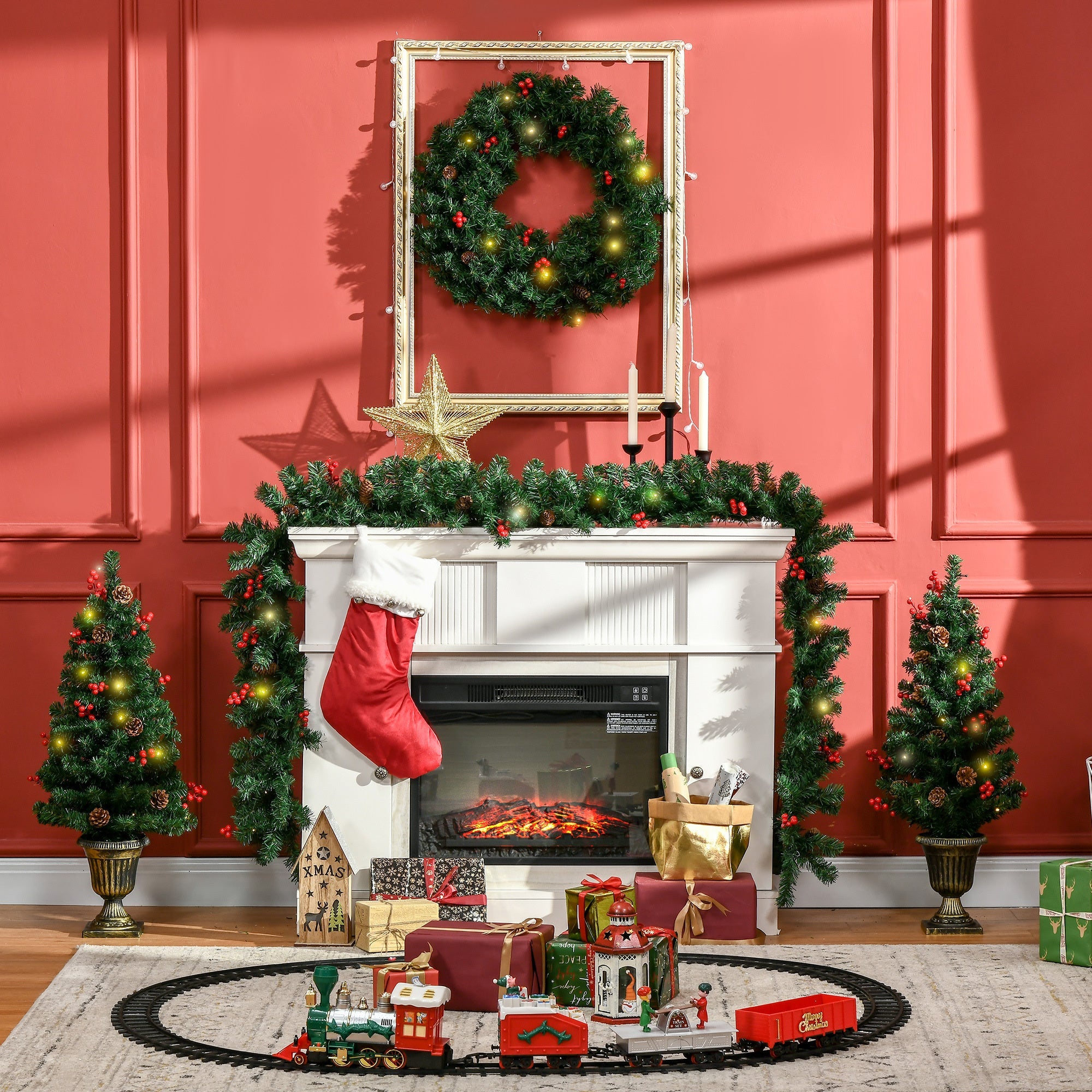 Pre-lit Christmas 4-Piece Set, Garland Wreath and Set of 2 Entrance Trees with Warm White LED Lights, Red Berries, Pine Cones, Green