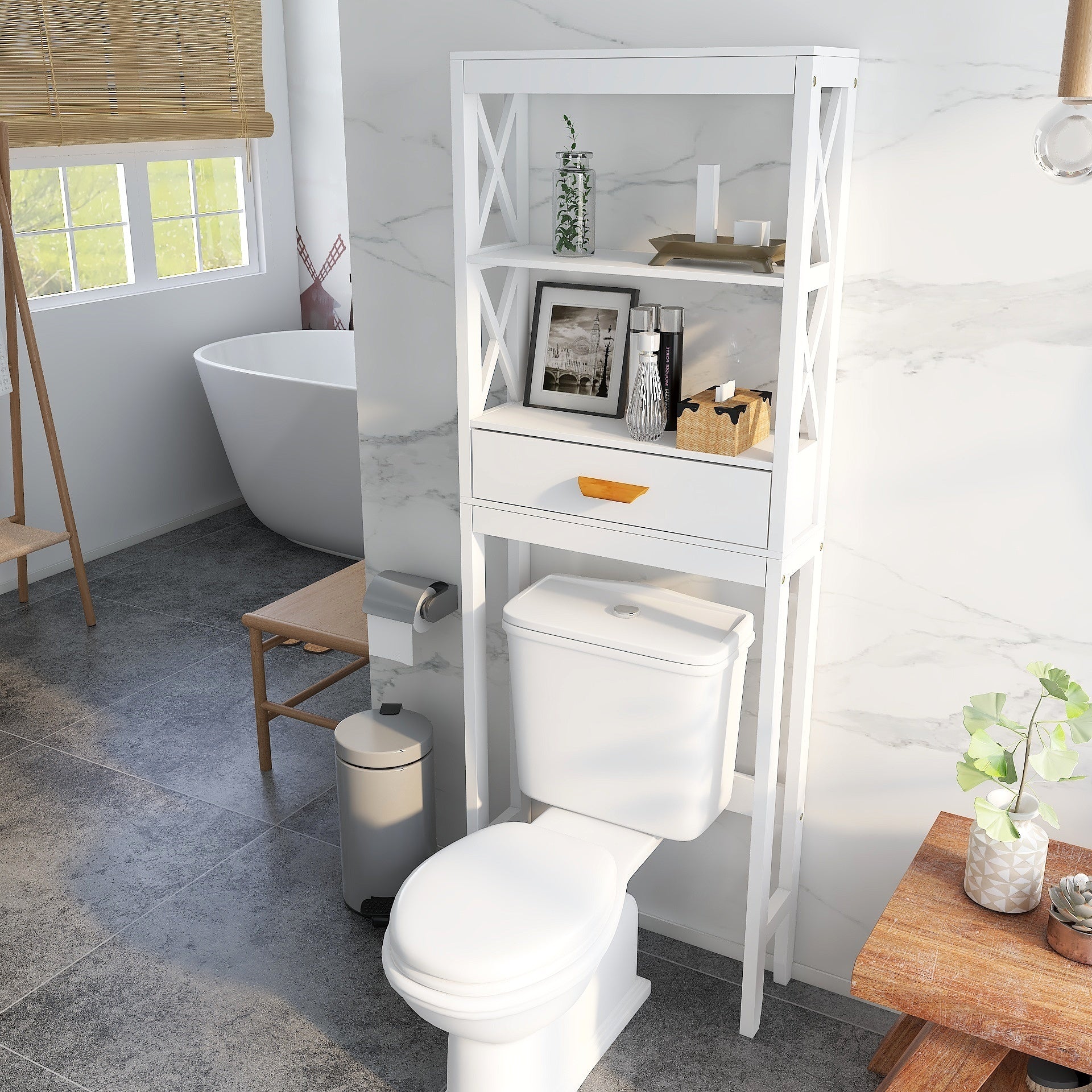 Over-the-Toilet Storage Cabinet White with one Drawer and 2 Shelves Space Saver Bathroom Rack