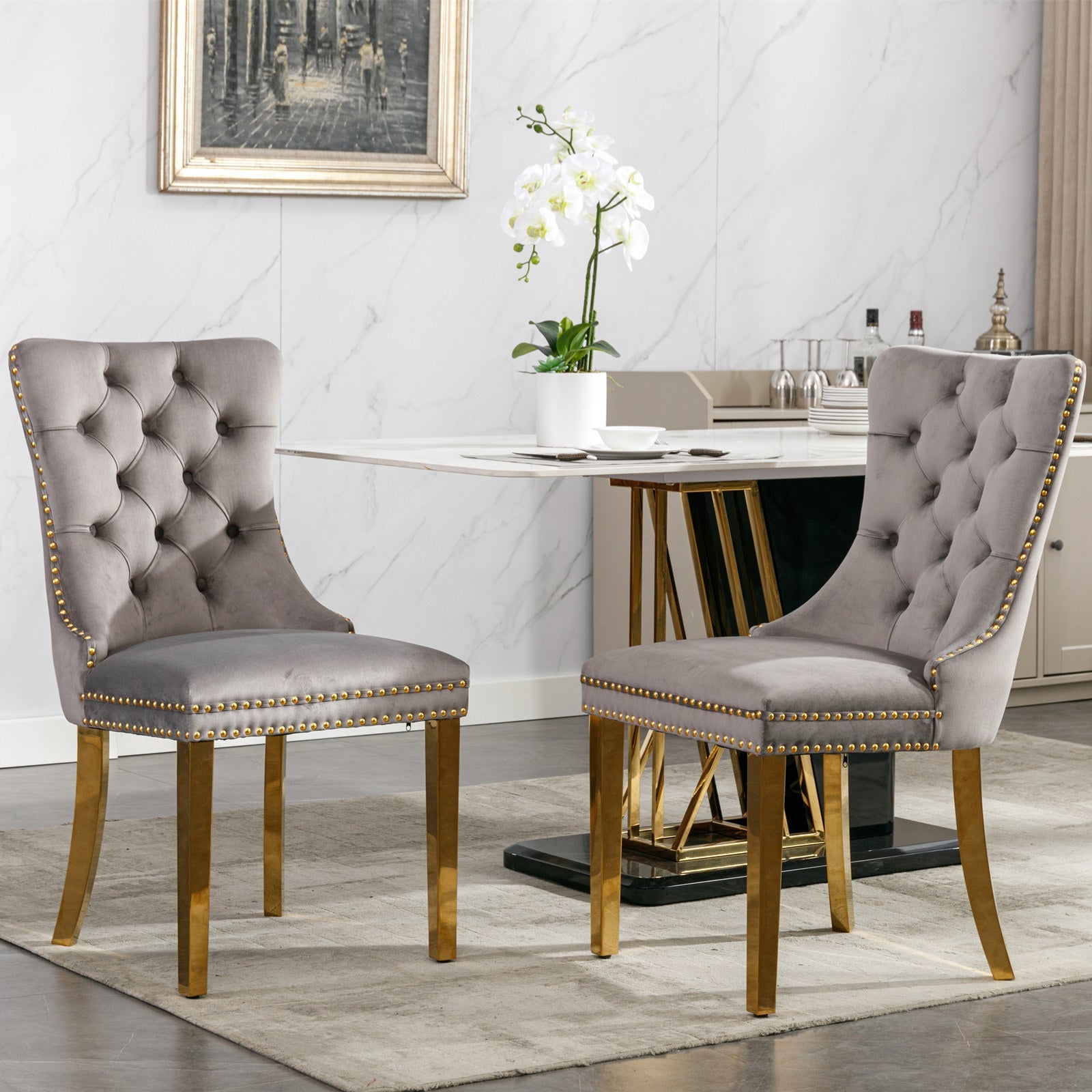 Tufted Solid Wood Contemporary Velvet Upholstered Dining Chair, Set of 2, Gray and Gold