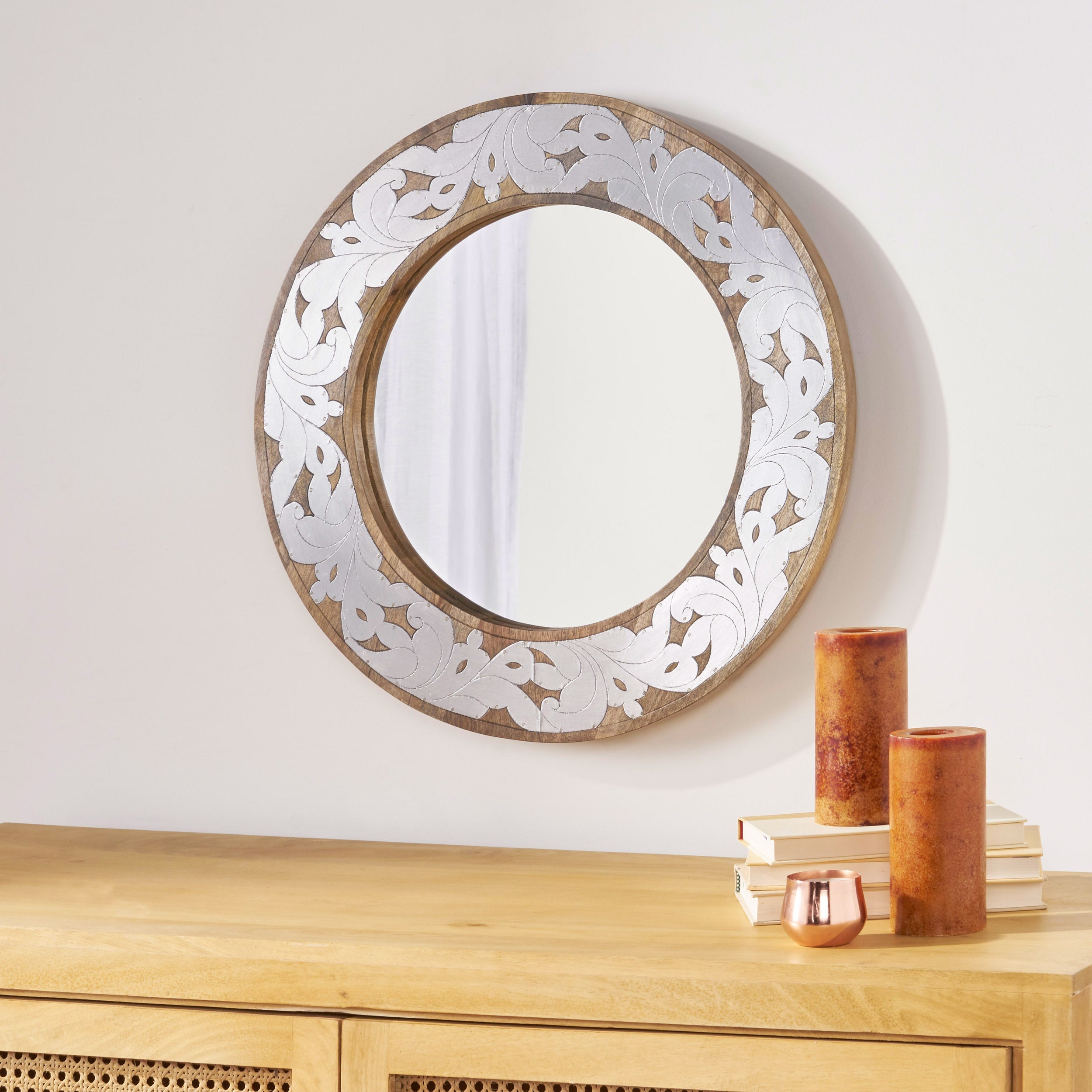 MANGO WOOD  / ALUMINIUM FITTED  ROUND MIRROR