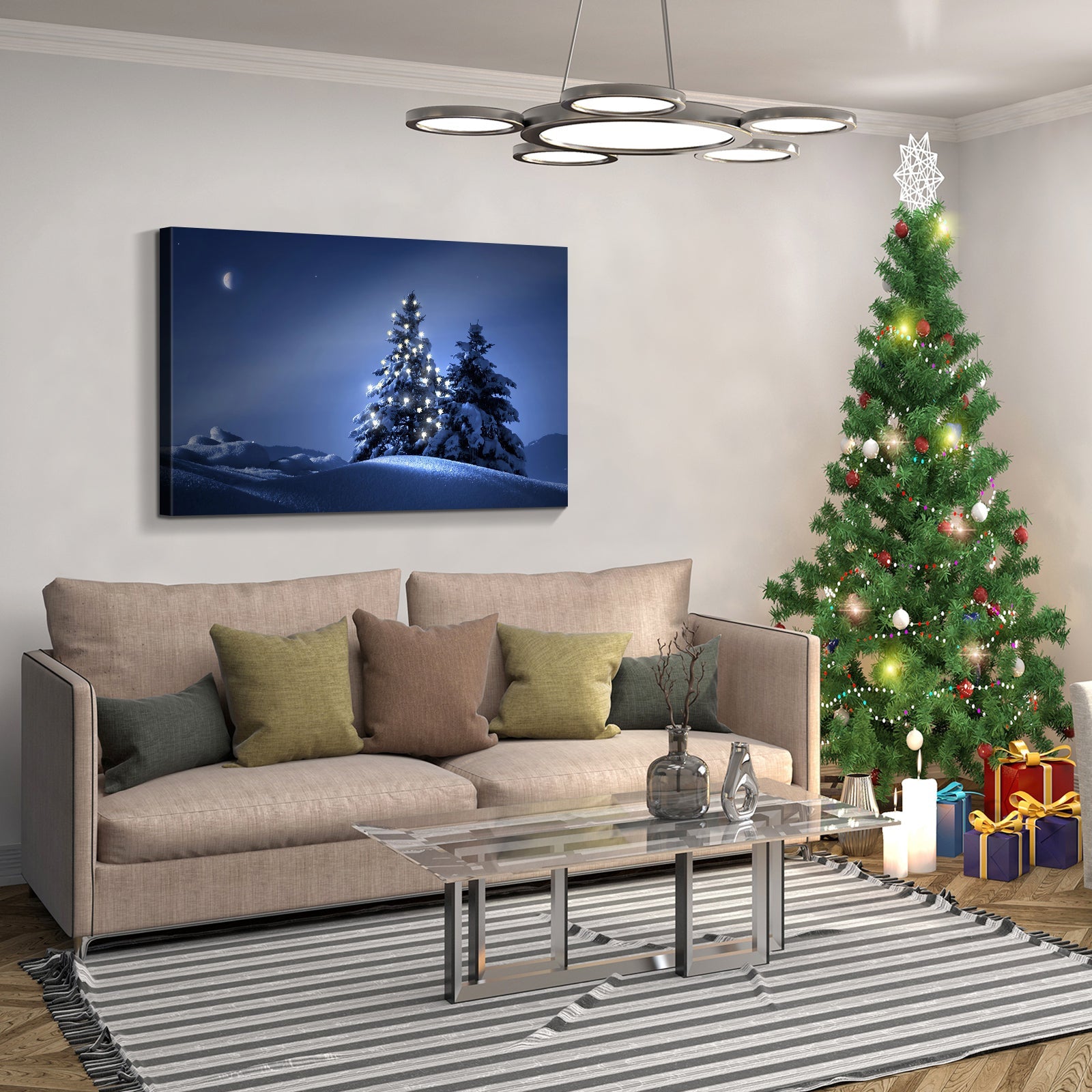 Framed Canvas Wall Art Lighted Pine Tree at Night  Christmas  Painting