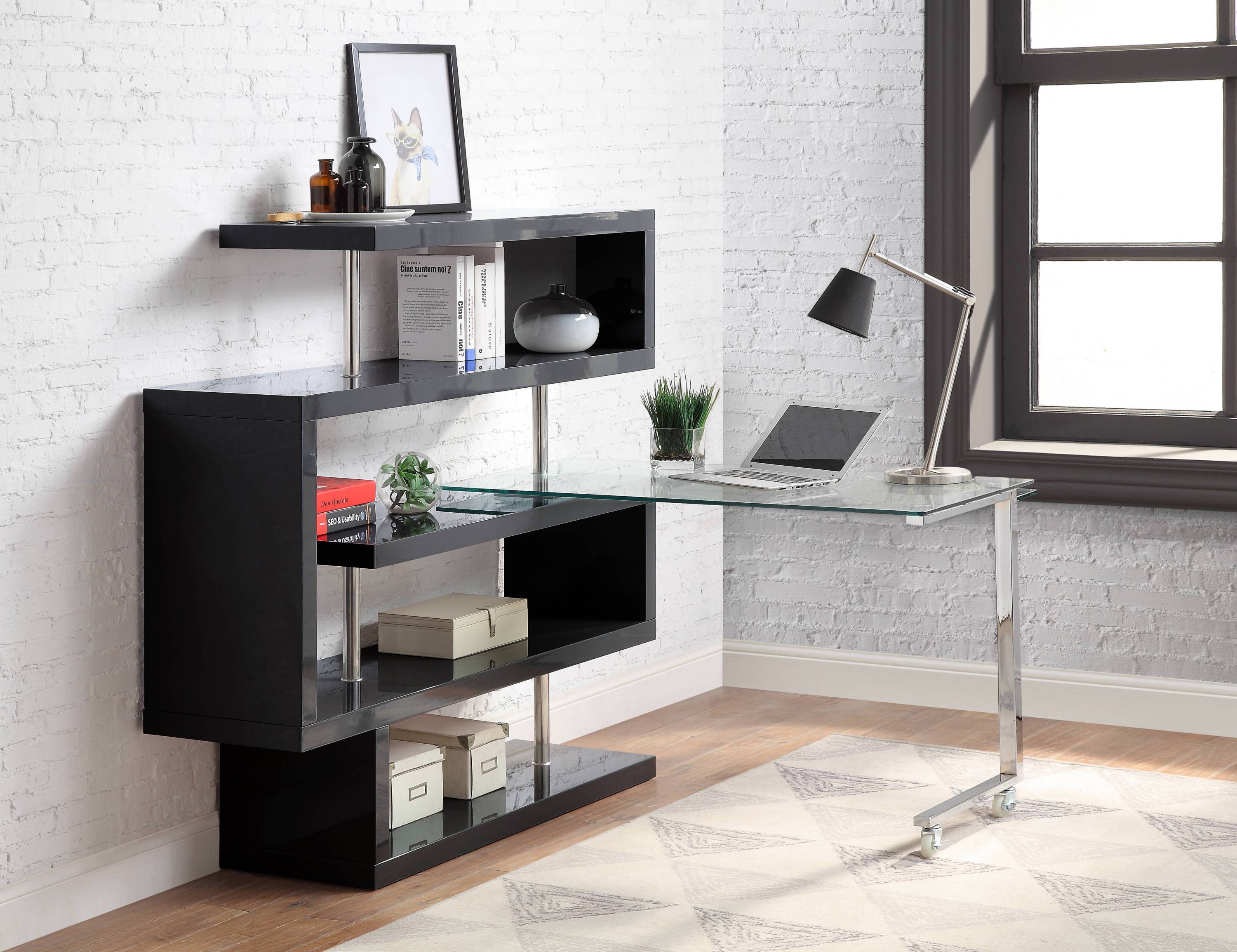 Buck II Clear Glass, Chrome High Gloss Finish Writing Desk with Shelf- Black