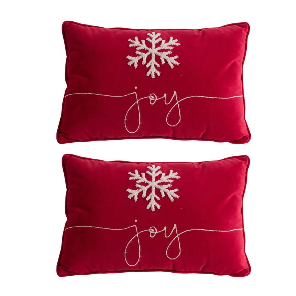 Red Velvet Pillow With Embroidered Joy And Frosty Snowflake, Set of 2, 18x12"