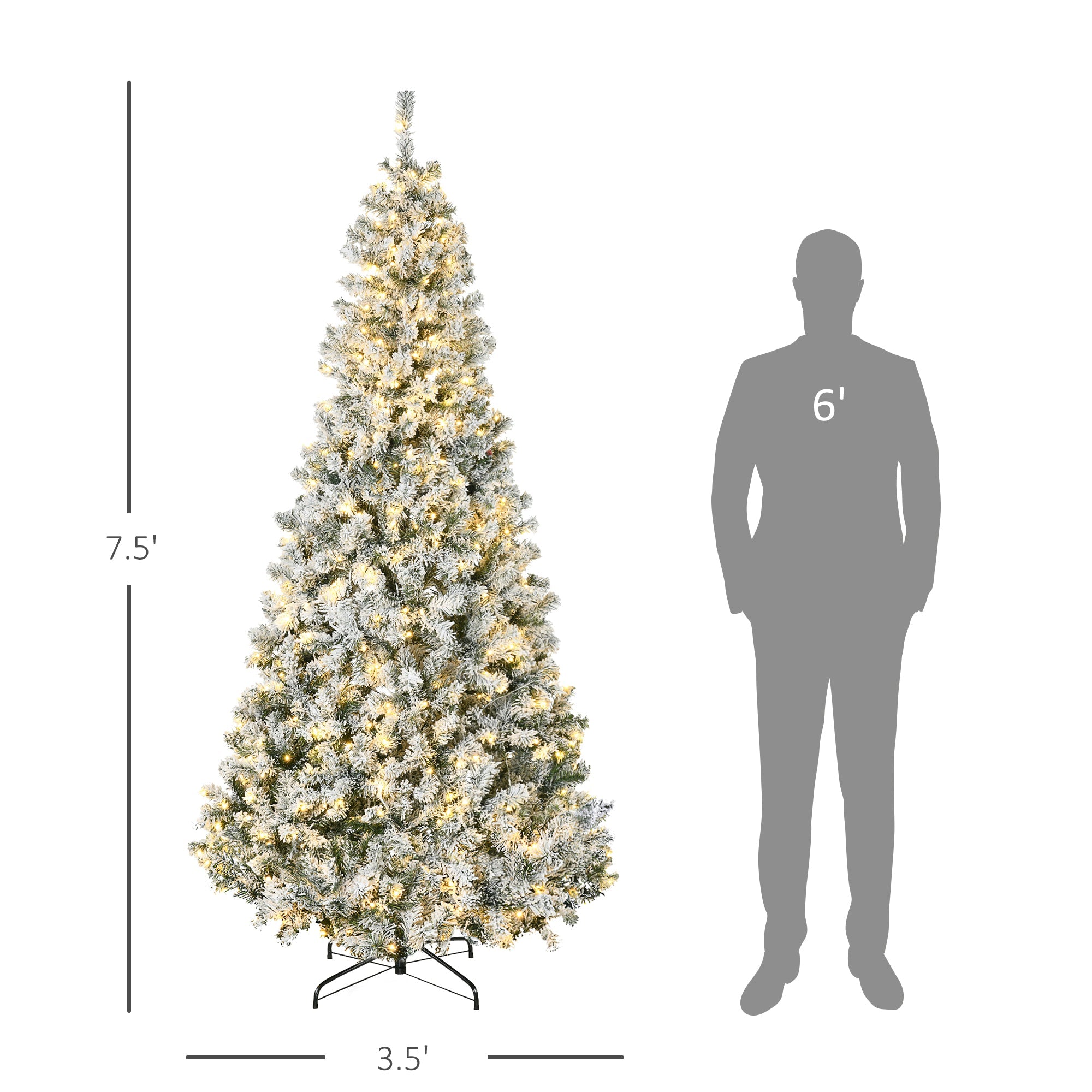 7.5ft Tall Pre-lit Artificial Christmas Tree with Snow Flocked Branches,  Warm White LED Lights,  Green