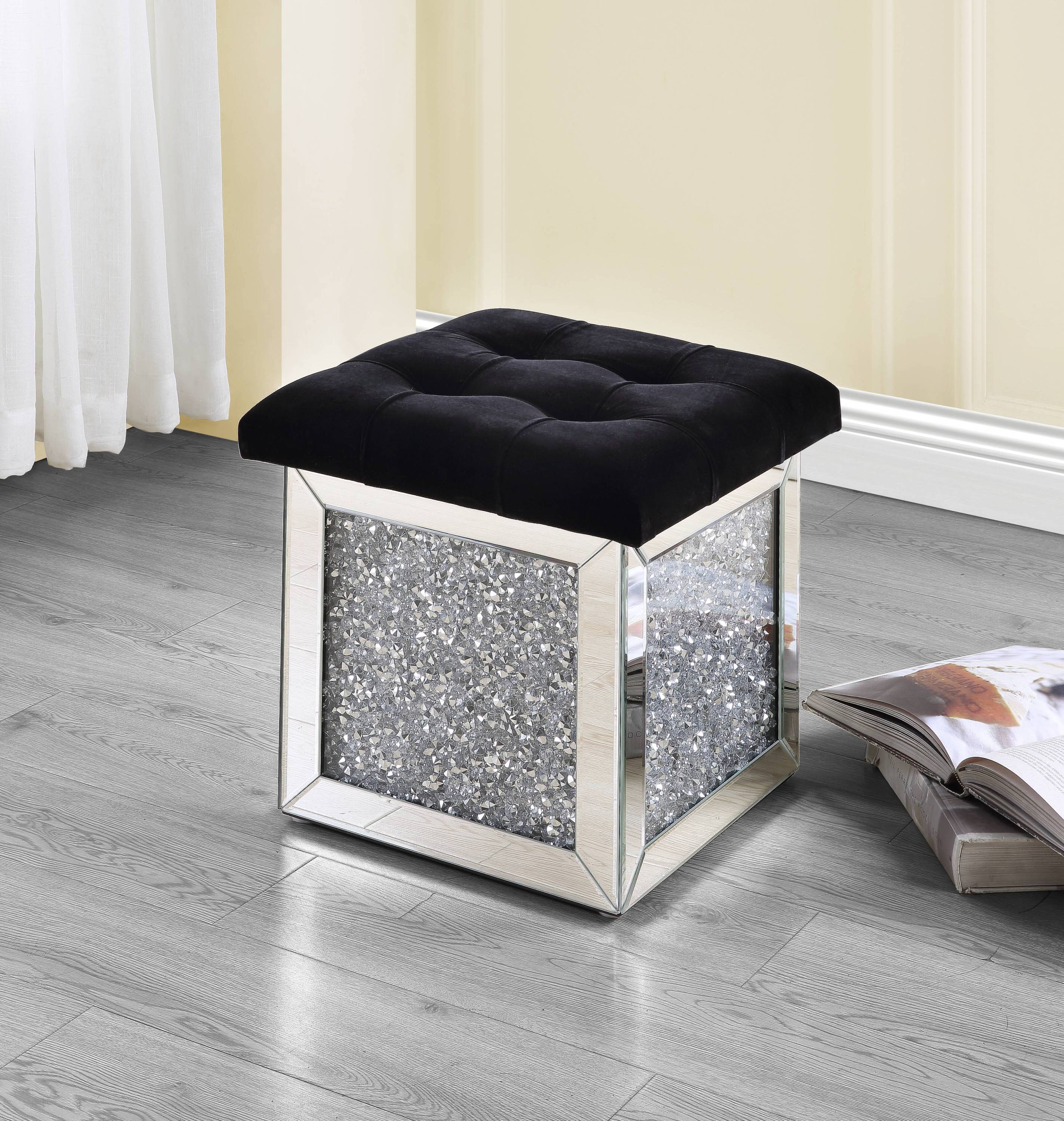 Noralie Small sized Mirrored and Faux Diamonds Ottoman with Storage