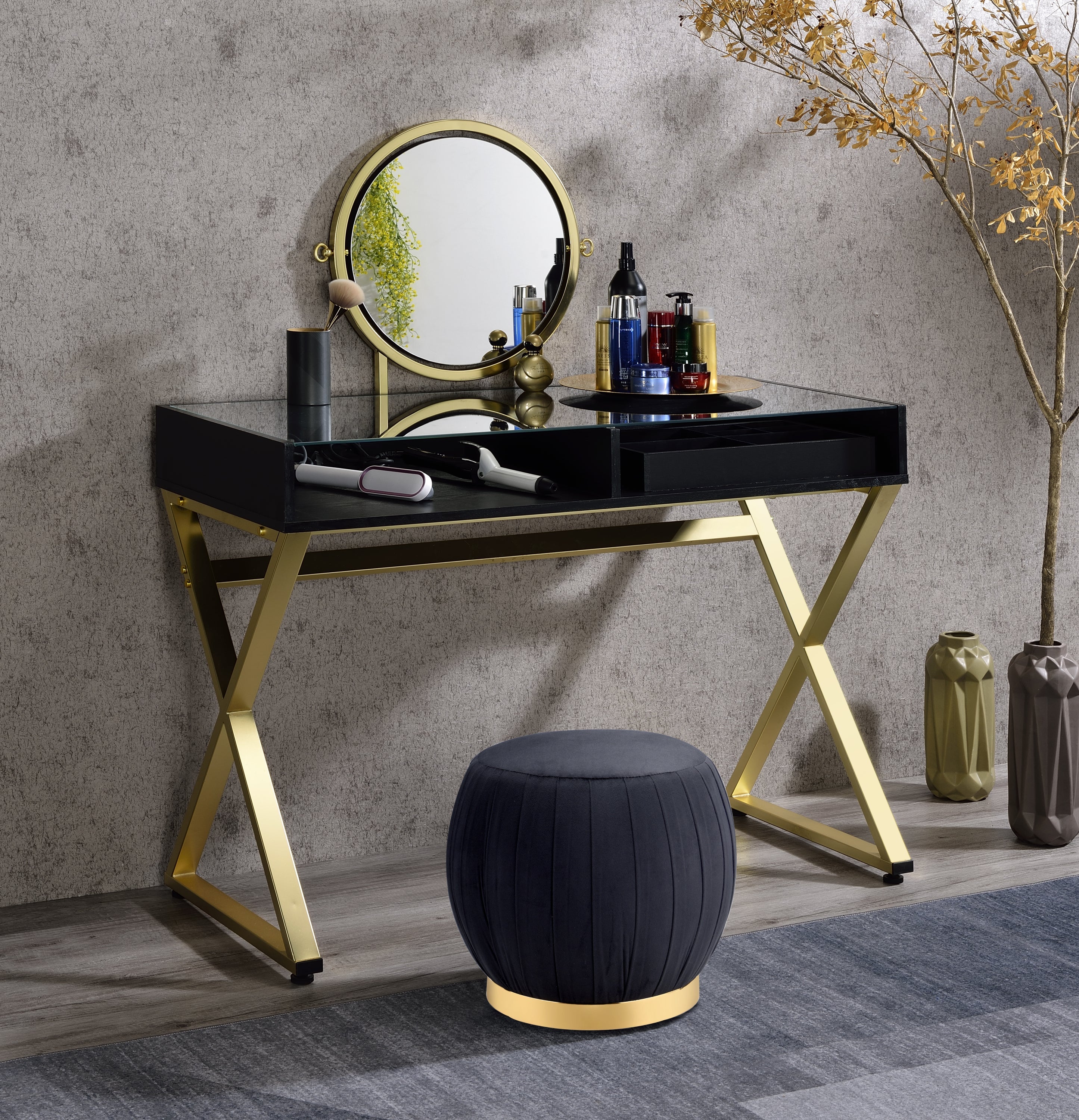 Coleen Vanity Desk w/Mirror & Jewelry Tray in Black & Gold Finish