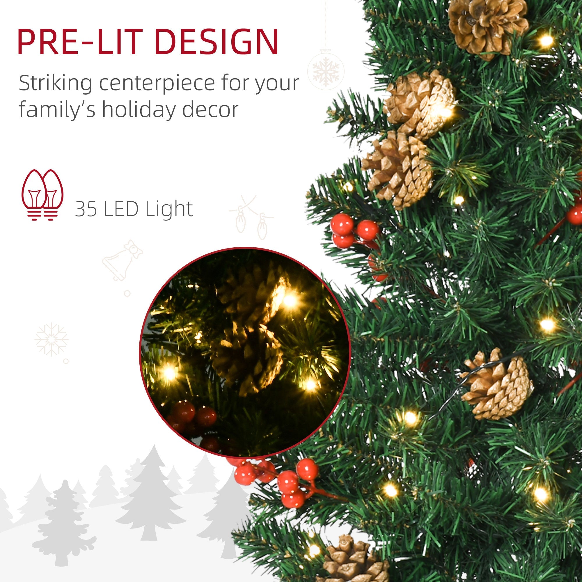 Pre-lit Christmas 4-Piece Set, Garland Wreath and Set of 2 Entrance Trees with Warm White LED Lights, Red Berries, Pine Cones, Green