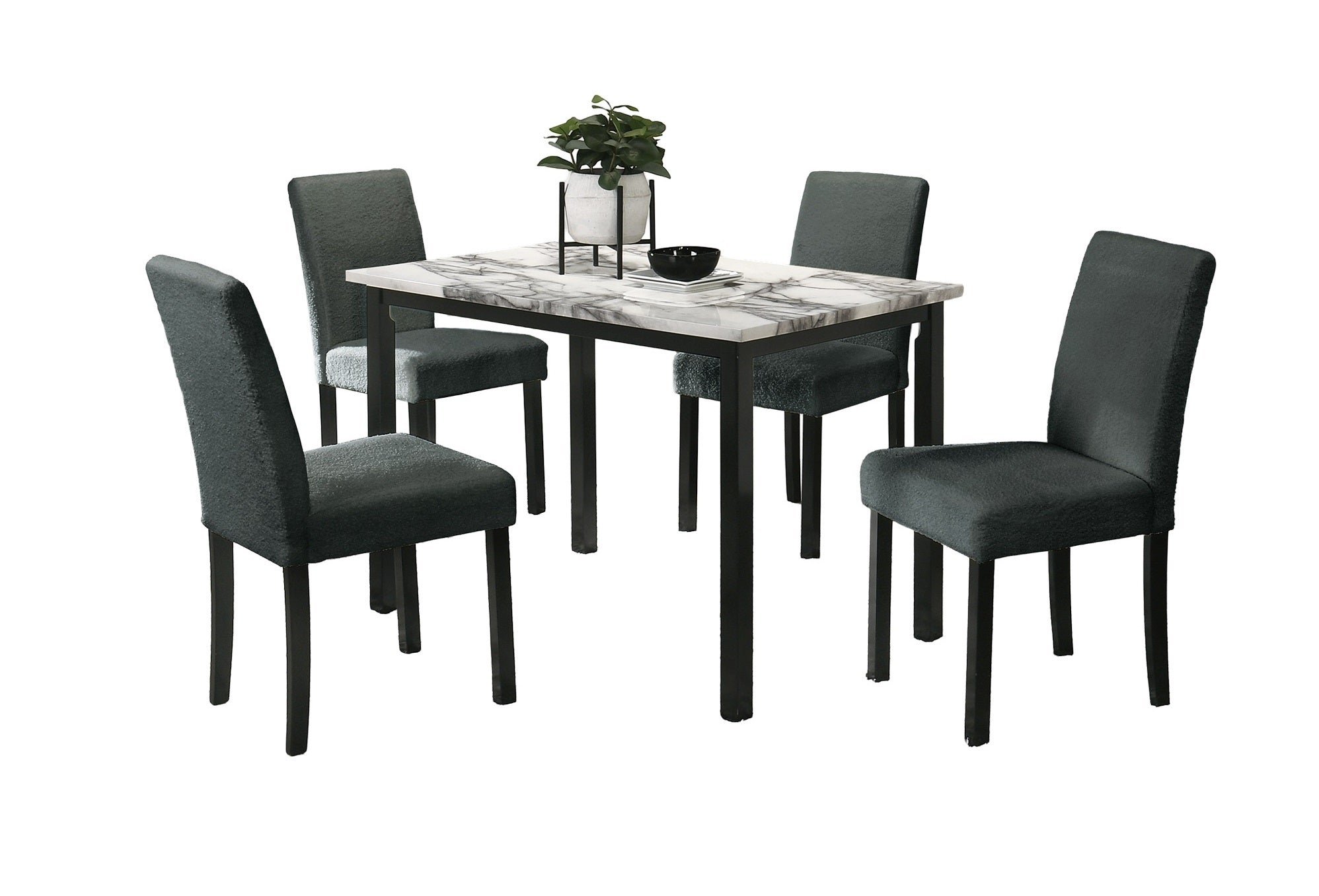 5pc Dining Set-Charcoal Finish Wool Fabric Chairs and  Faux Marble Top Table