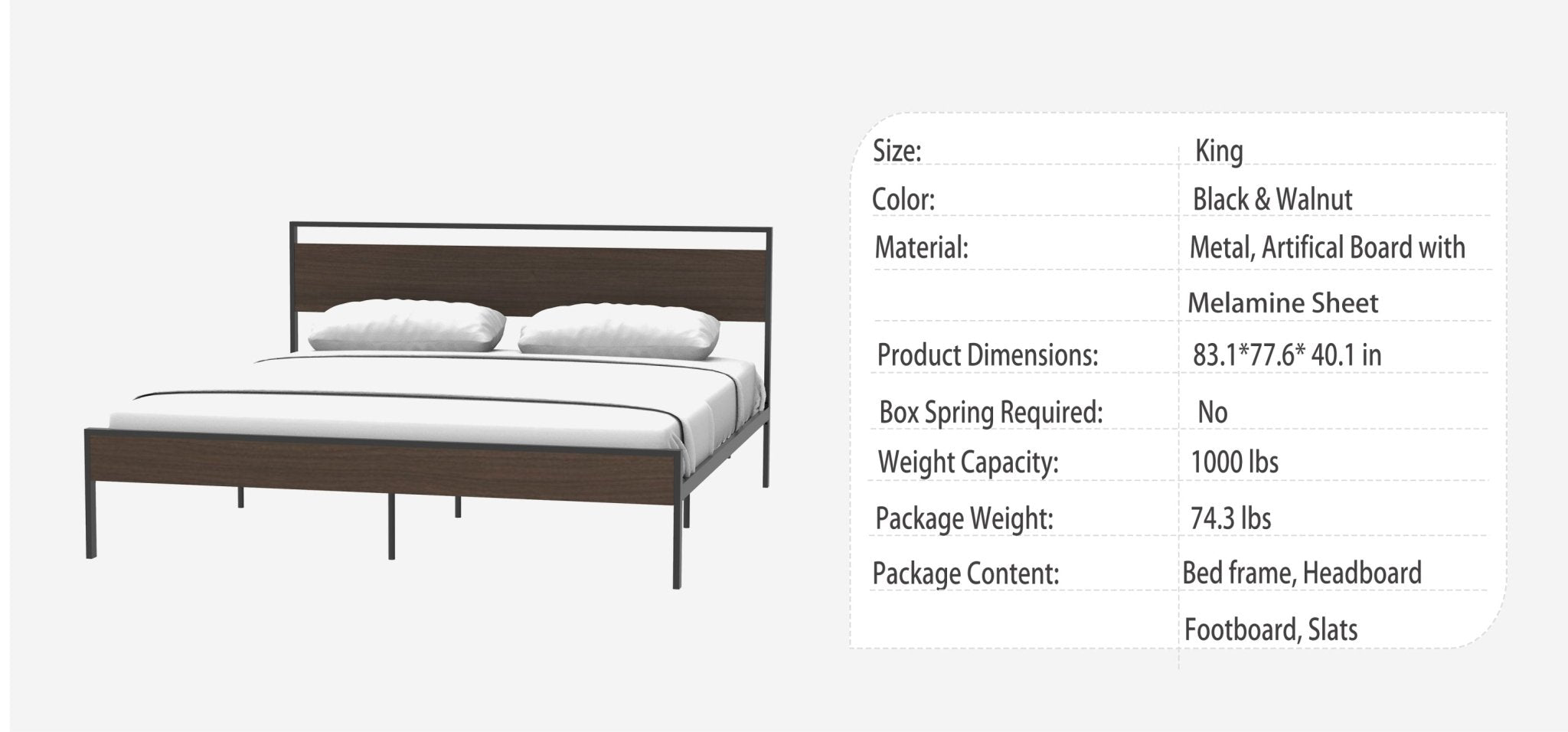 Ceres Metal King Bed, Black with Walnut wood Headboard