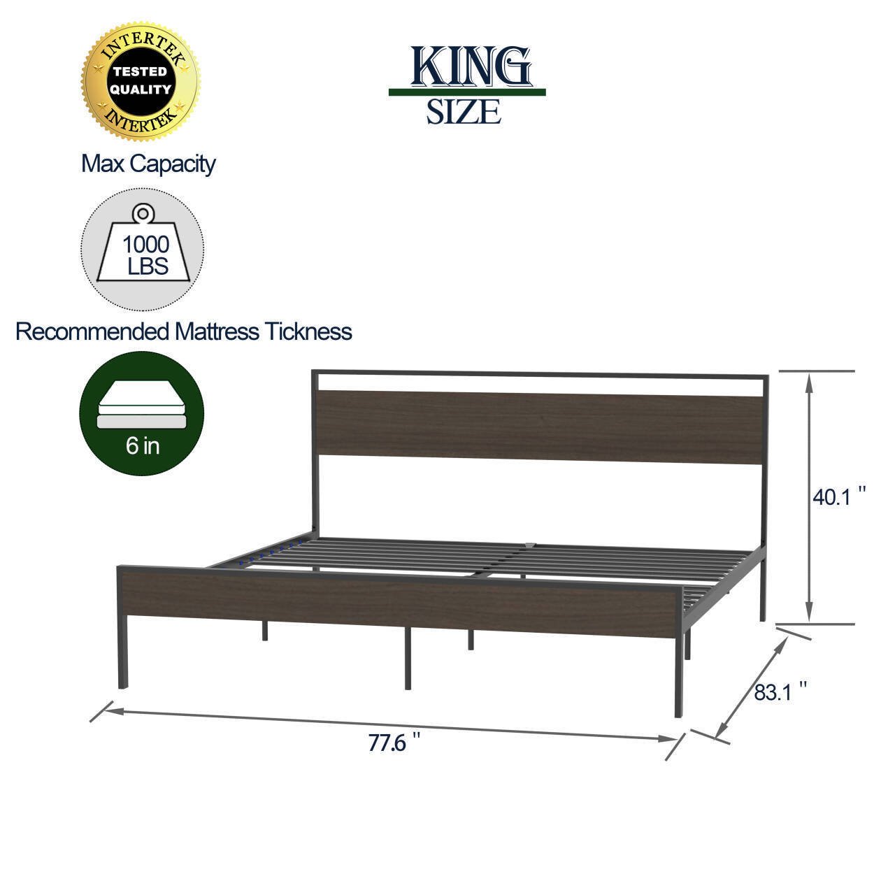 Ceres Metal King Bed, Black with Walnut wood Headboard