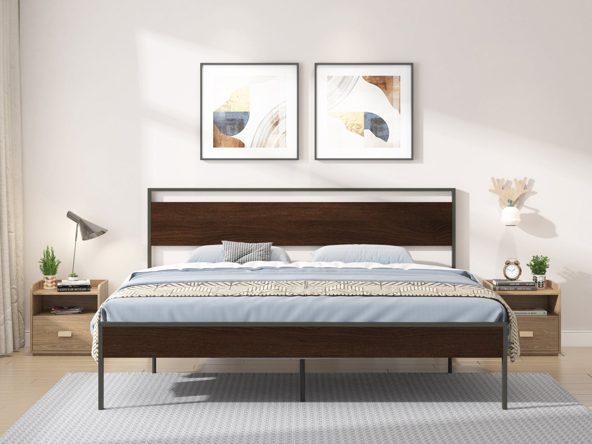 Ceres Metal King Bed, Black with Walnut wood Headboard