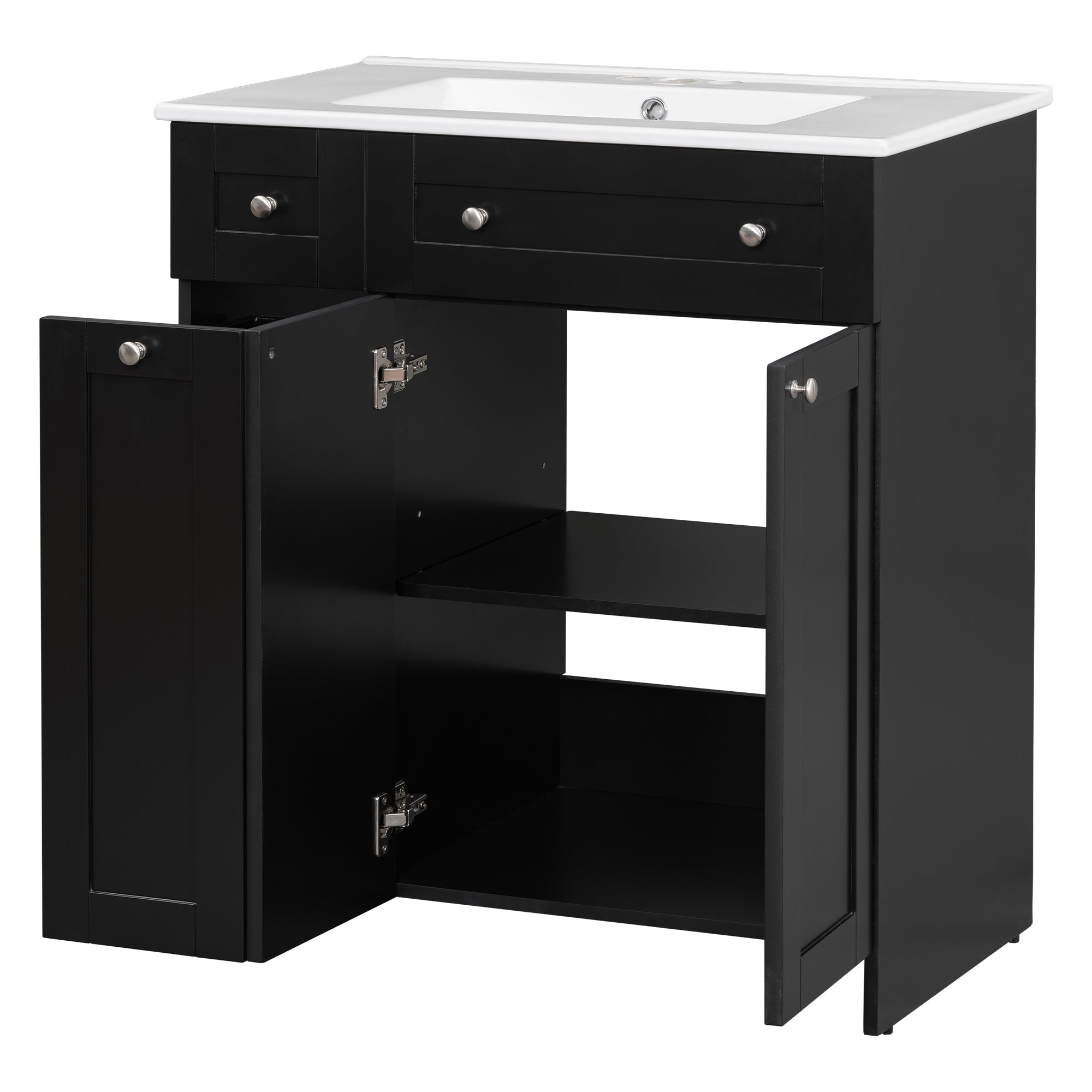 30-Inch Black Bathroom Vanity with Ceramic Sink Combo, Abundant Storage Cabinet - 2 Soft-close Doors and Double-tier Deep Drawer