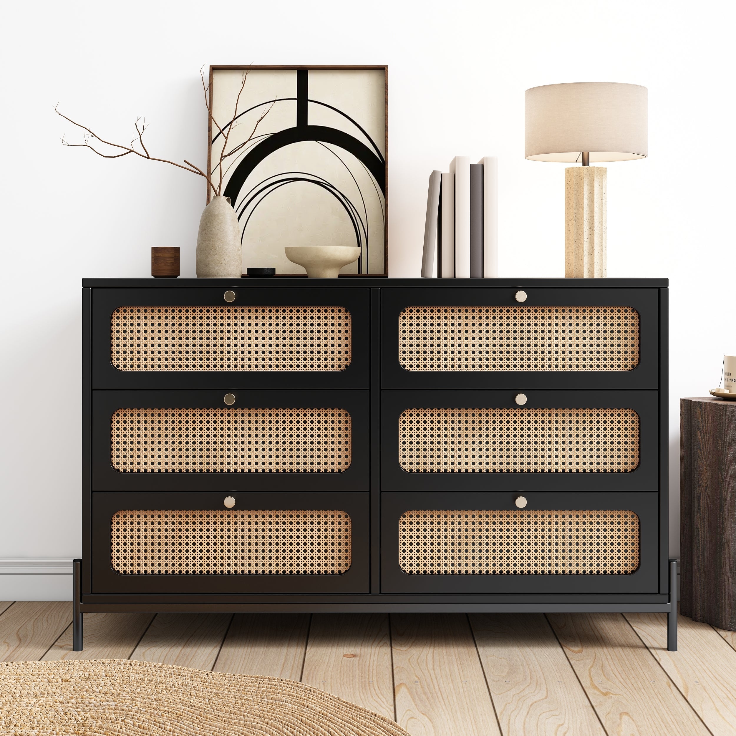 Modern Cannage Rattan Wood Closet 6-Drawer Dresser Wood Storage Cabinet Sideboard for Bedroom