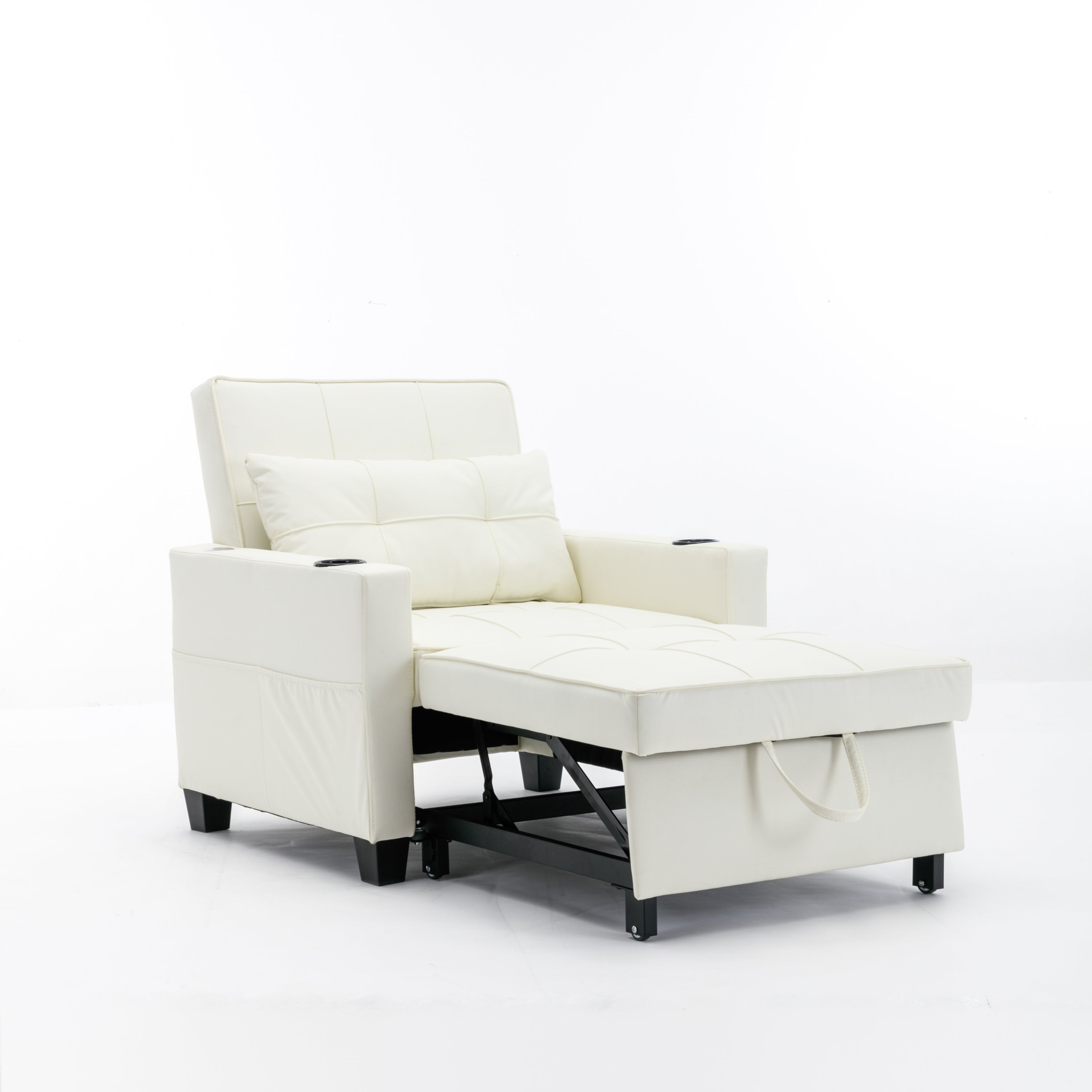 Convertible Chair 3-in-1 Pull Out Sleeper Chair Beds with USB Ports, Wear-resistant and Anti-scratch,  (White Leather)