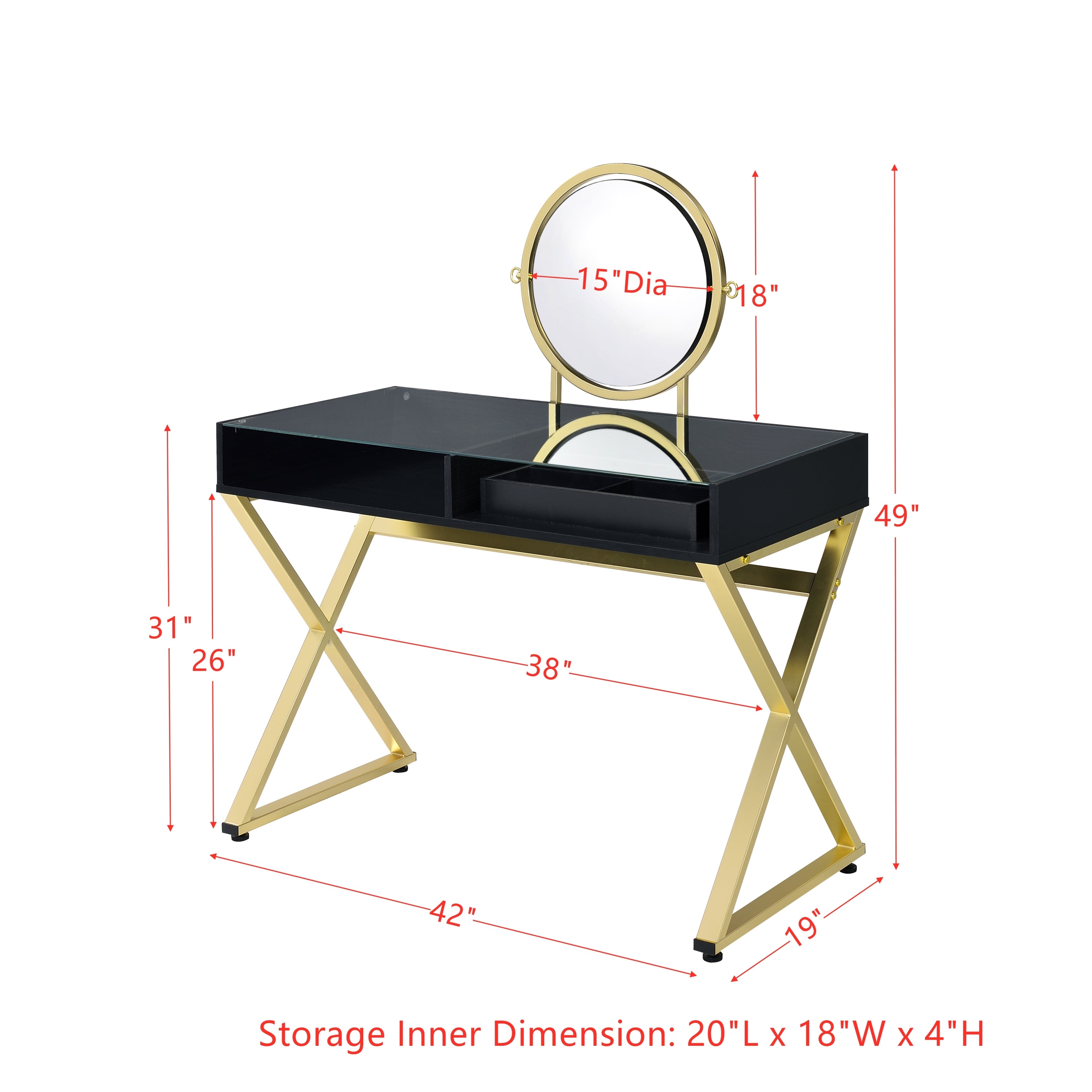 Coleen Vanity Desk w/Mirror & Jewelry Tray in Black & Gold Finish