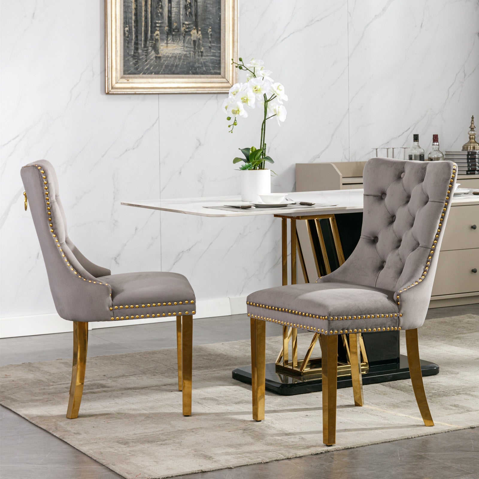 Tufted Solid Wood Contemporary Velvet Upholstered Dining Chair, Set of 2, Gray and Gold