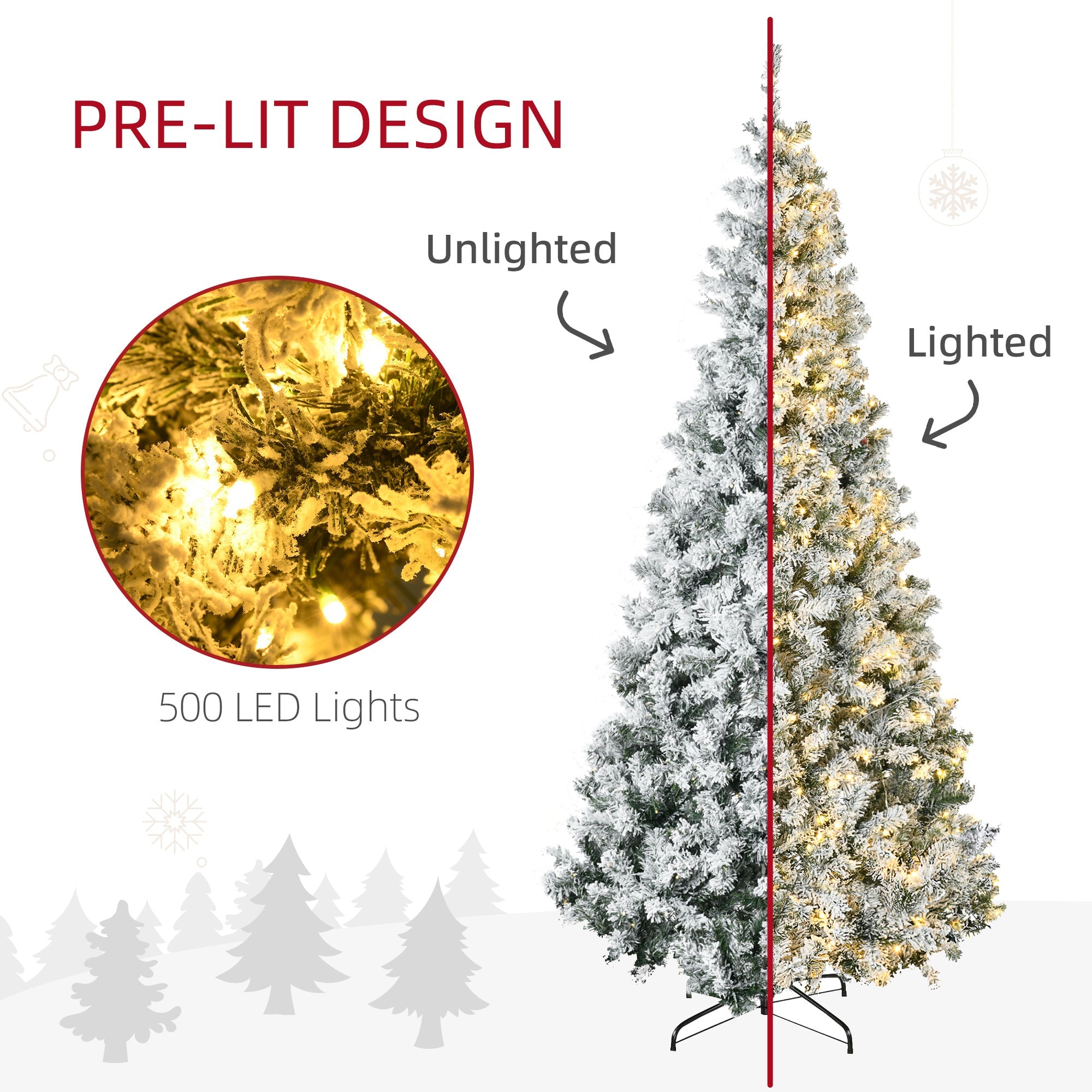 7.5ft Tall Pre-lit Artificial Christmas Tree with Snow Flocked Branches,  Warm White LED Lights,  Green